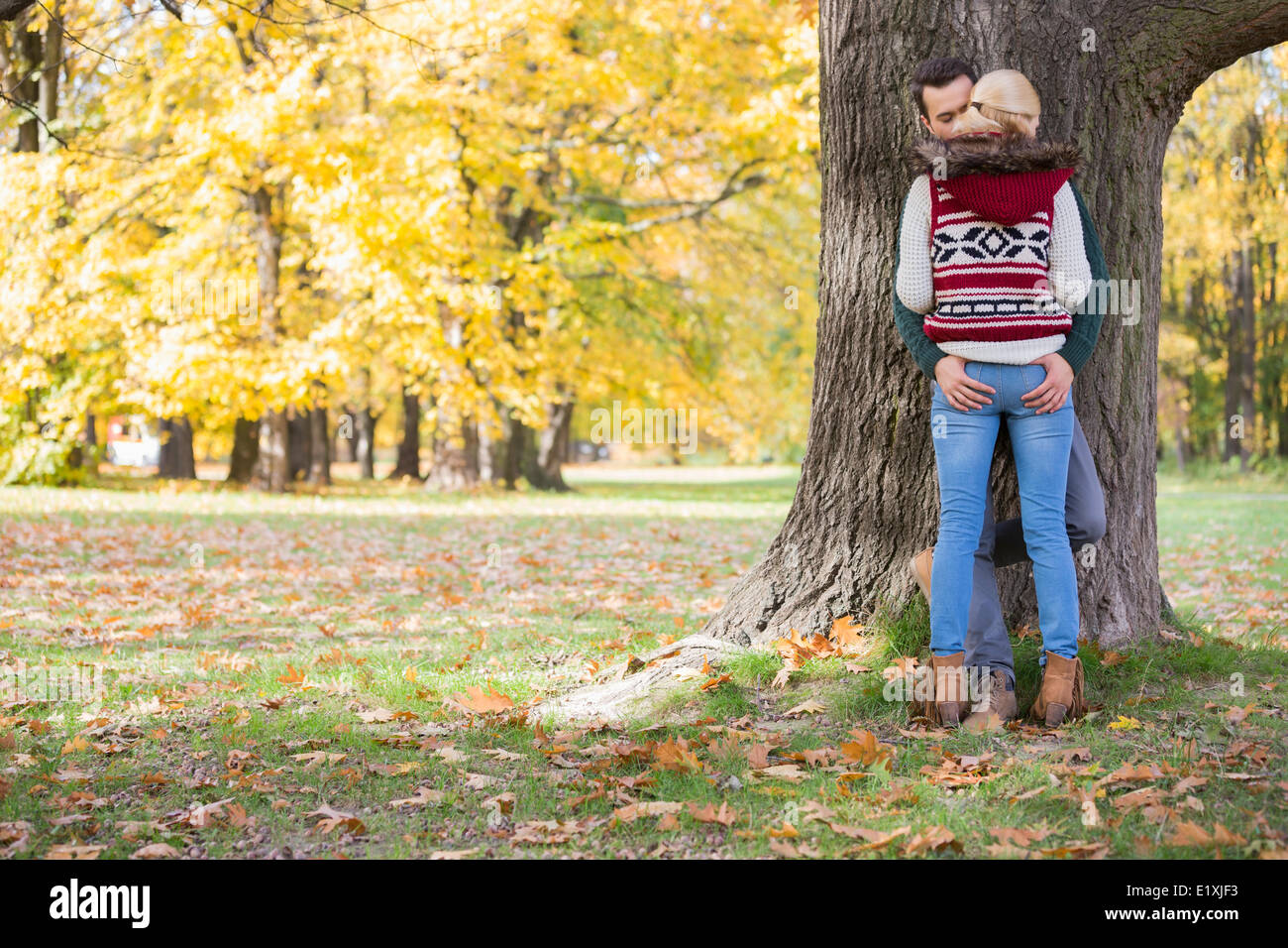 Leidenschaftliche Paare gegen Baumstamm im Park im Herbst Stockfoto
