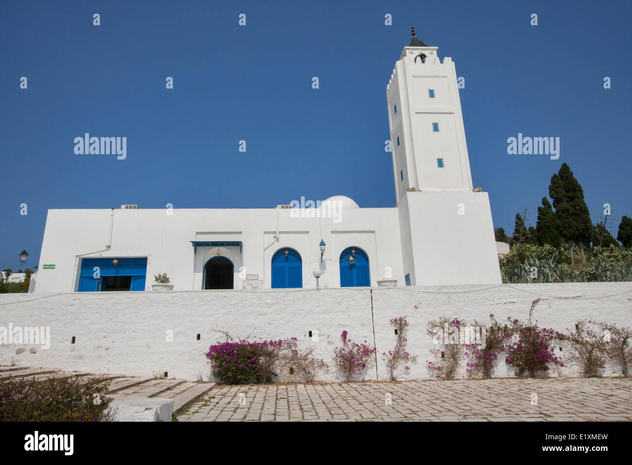 Traditionelle weiße und blaue Gebäude gegen den klaren Himmel, Tunis, Tunesien Stockfoto