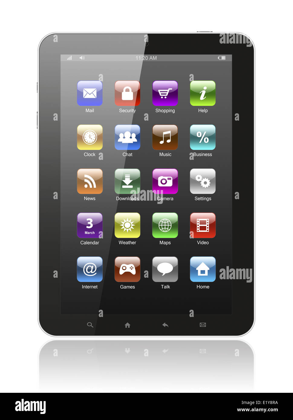 Tablet-PC mit Symbolen auf weißem Hintergrund Stockfoto