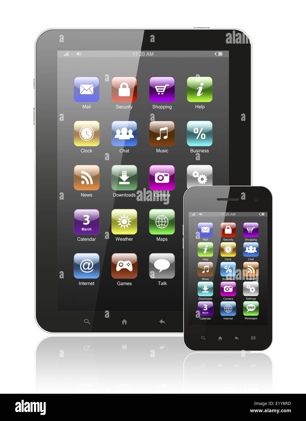 Tablet-PC und Smartphone mit Symbolen auf weißem Hintergrund Stockfoto