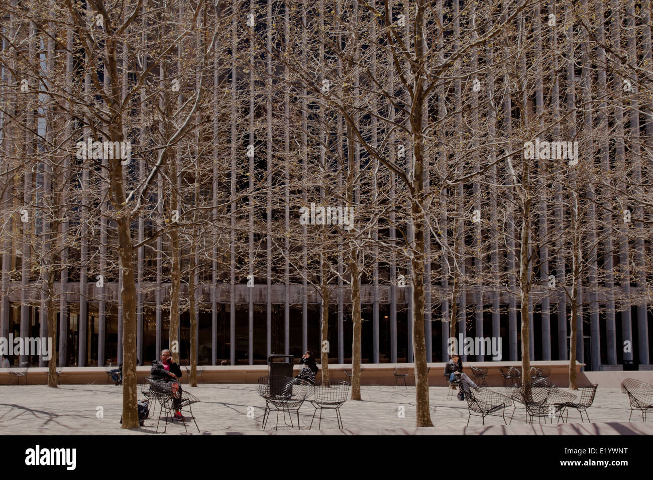 Sitzplätze im Freien am Lincoln Center, Manhatten mit Bäumen in der Sonne Stockfoto