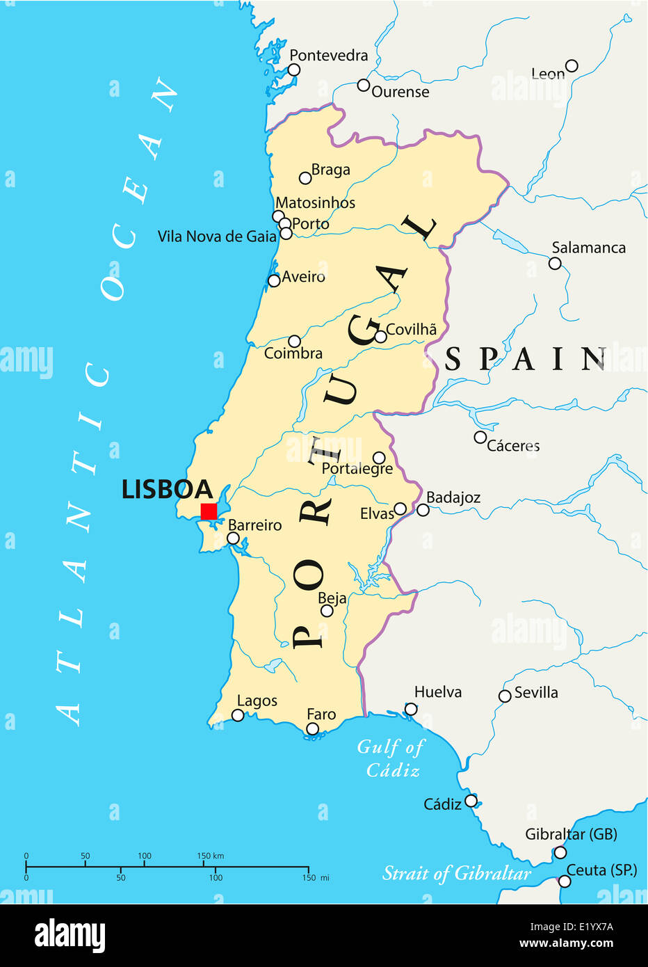 Portugal politische Karte mit Hauptstadt Lissabon, Landesgrenzen, die wichtigsten Städte, Flüsse und Seen. Englisch beschriften. Stockfoto