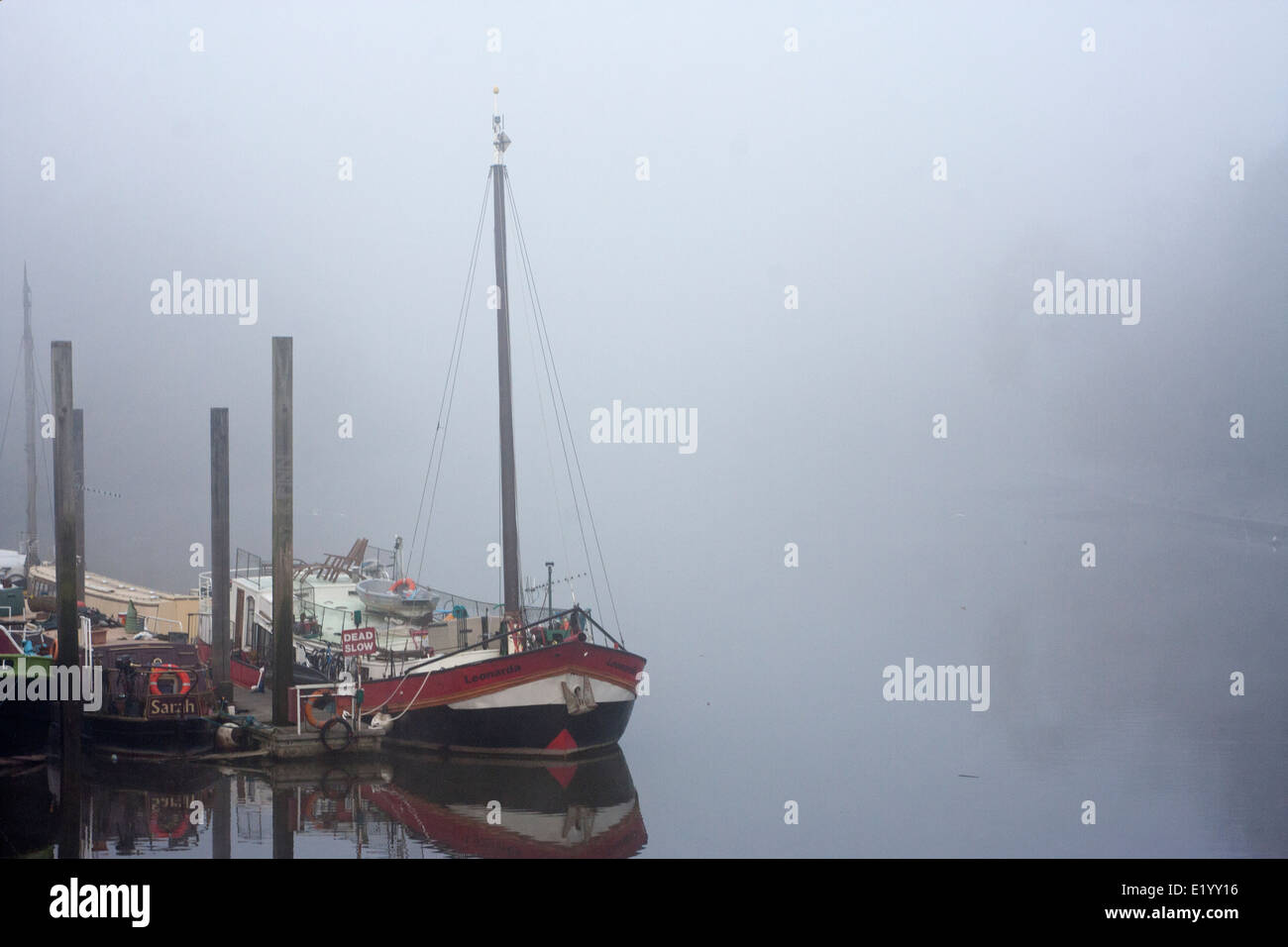 Ein Hausboot Marina entlang der Themse in London, England in den Morgennebel und Nebel Stockfoto
