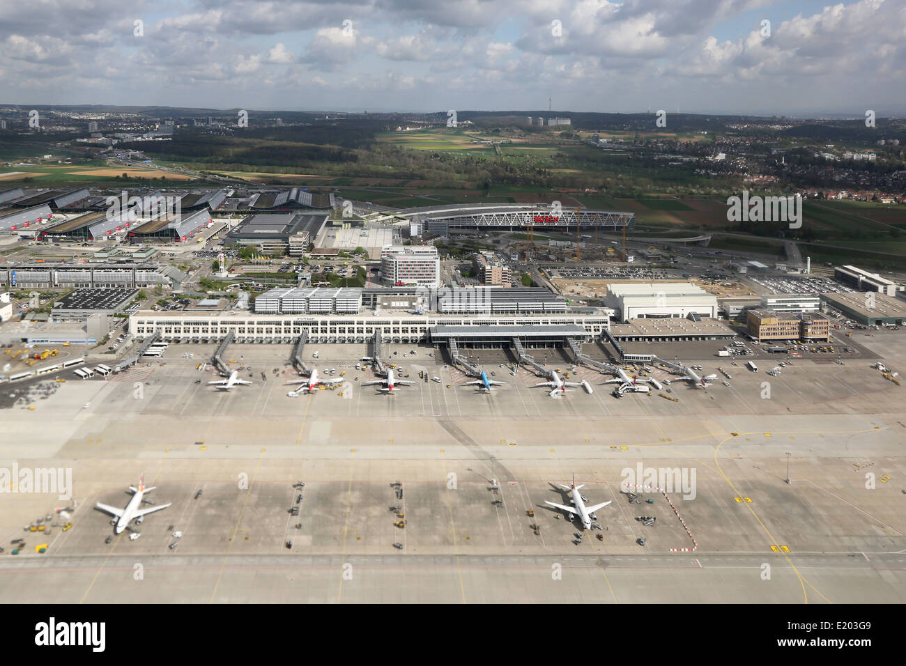Übersicht der Flughafen Stuttgart (STR) und der Stuttgarter Messe in Deutschland. Stockfoto