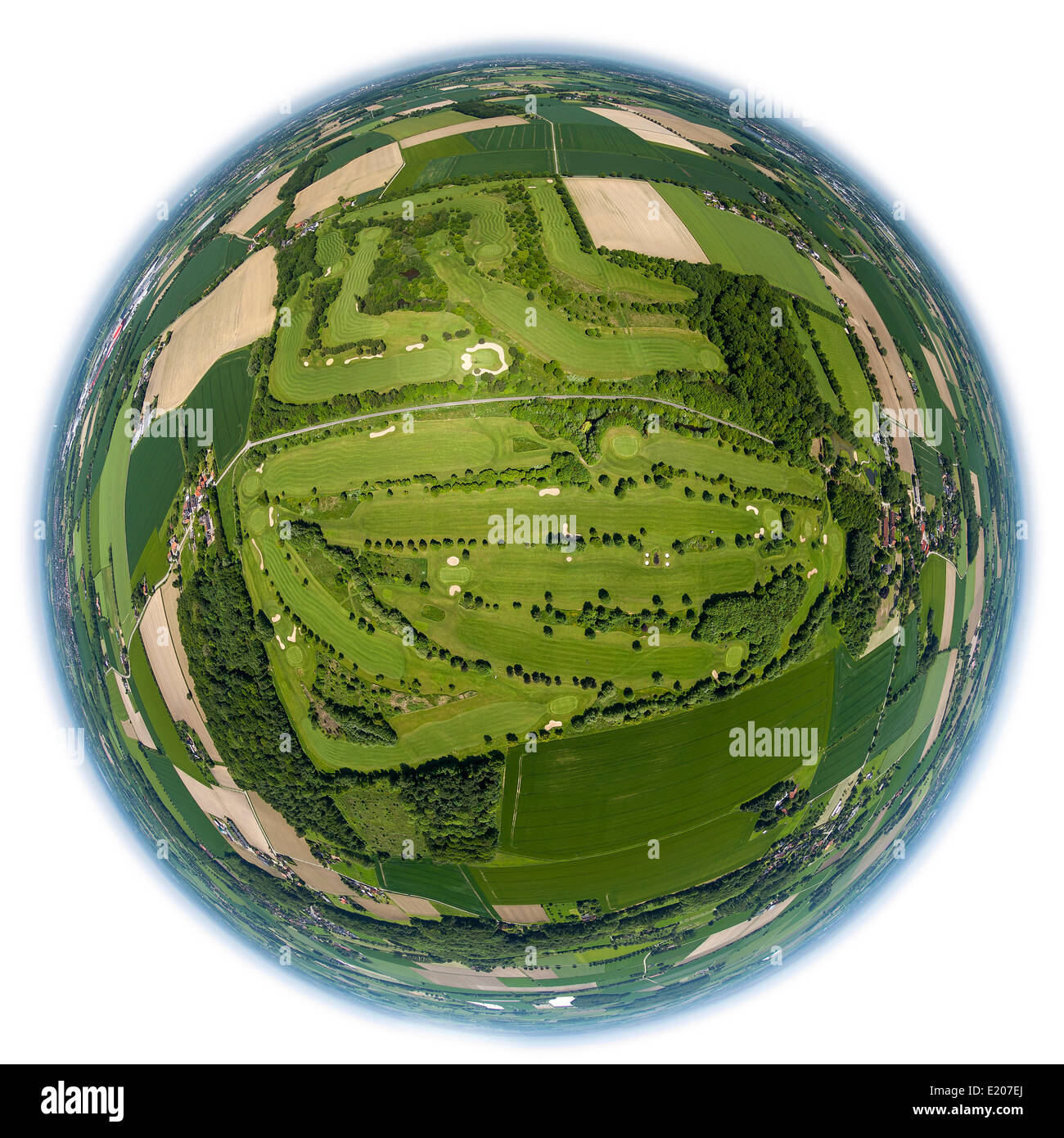 Luftaufnahme, fisheye, Golfplatz Hamm, Golfclub Hamm-Drechen, Hamm, Ruhrgebiet, Nordrhein-Westfalen, Deutschland Stockfoto