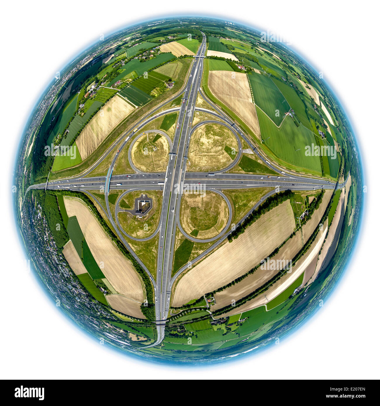 Luftaufnahme, fisheye, Kamener Kreuz Schnittpunkt, Autobahnen A2 Und A1 s Kamen, Ruhr District, North Rhine-Westphalia, Deutschland Stockfoto
