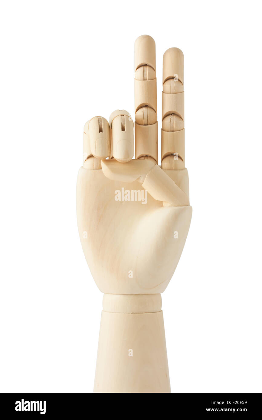 Wooden Dummy-Hand mit zwei Fingern oben Stockfoto