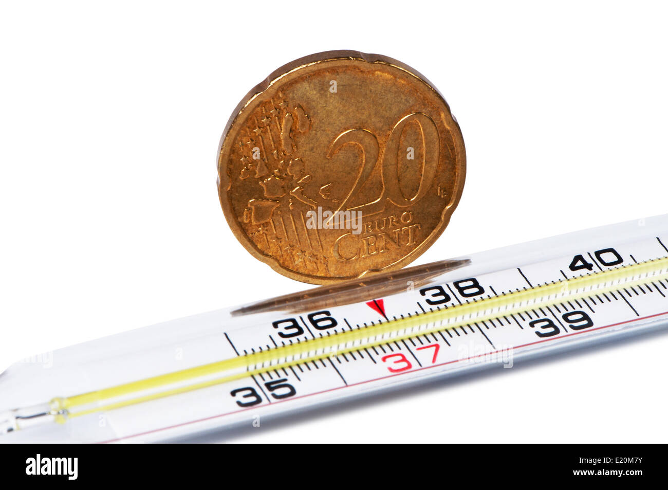 Medizinische Thermometer mit Euro-Cent-Münze. Stockfoto