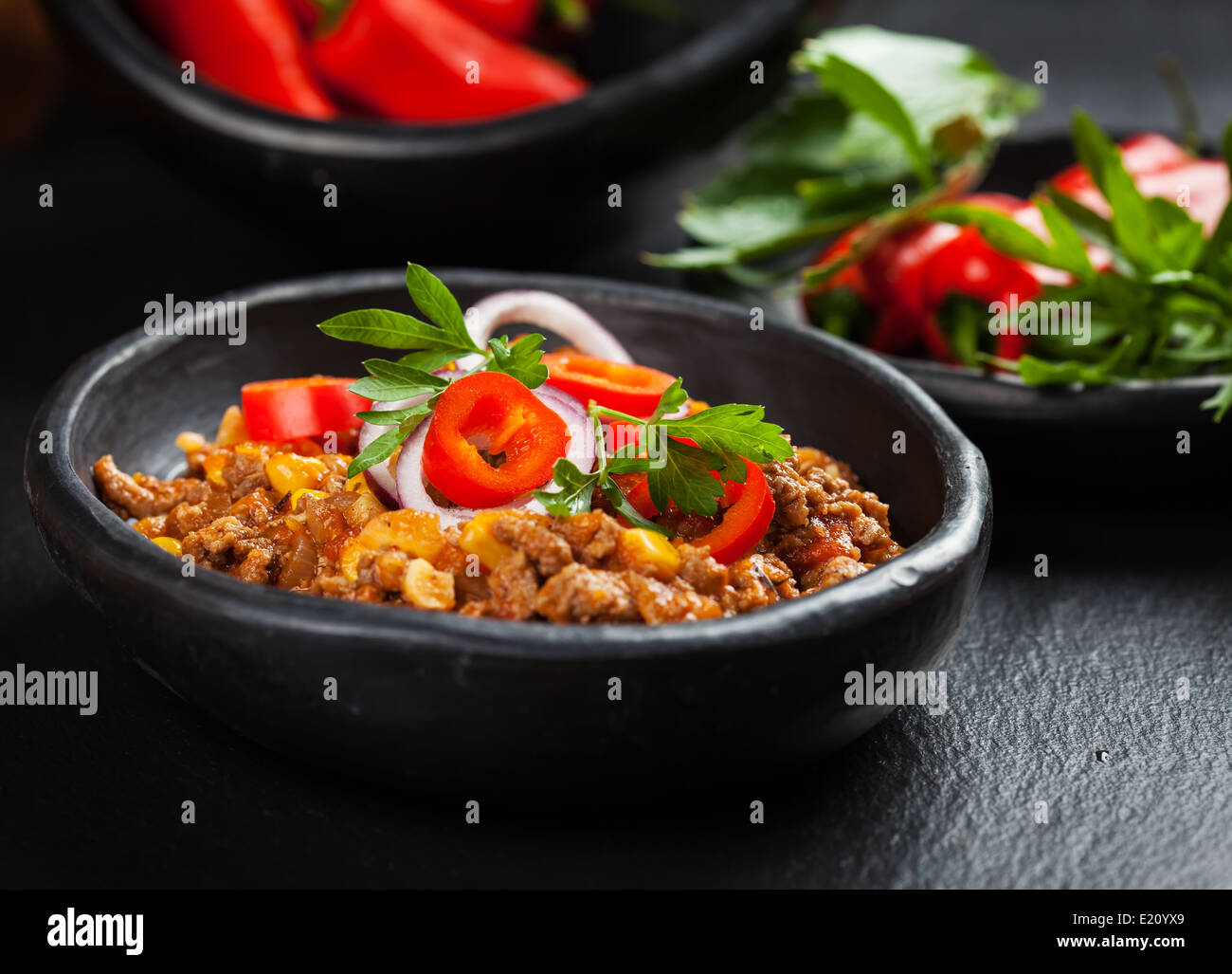 Traditionelle Chili Con Carne gekocht in der Pfanne Stockfoto