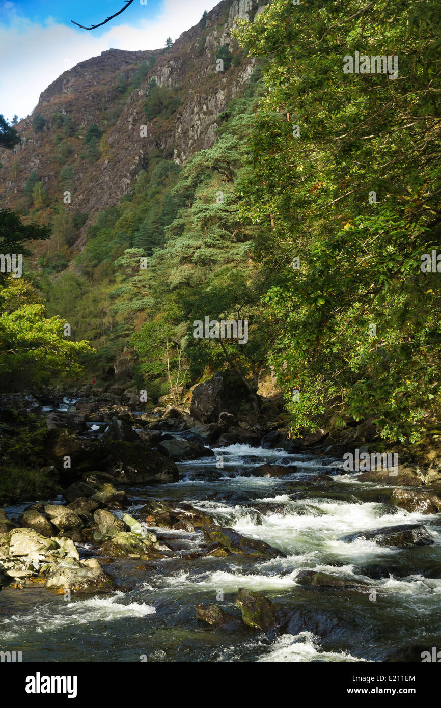 Flusses Glaslyn Alpinstil Tal durchquert. Beddgelert, Snowdonia, Gwynedd, Wales, Vereinigtes Königreich. Stockfoto