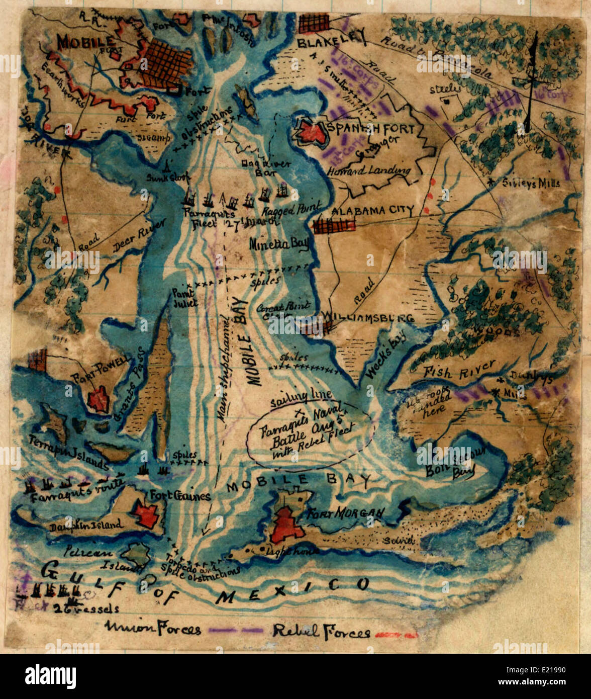 Karte der Erfassung von Mobile Bay in Alabama, August 1864 Stockfoto