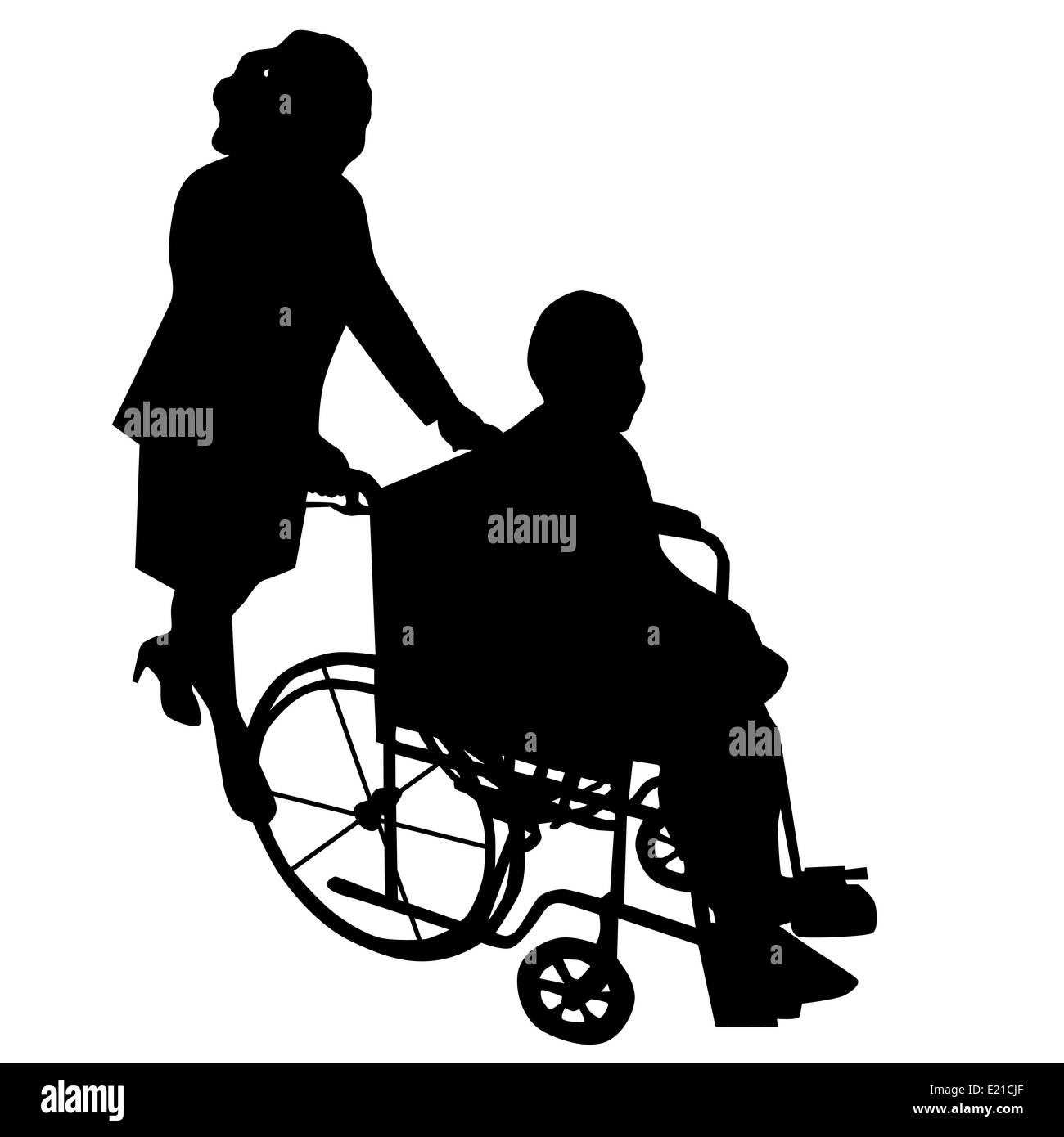 Silhouetten von Frau im Rollstuhl mit Frau stieß sie Stockfoto