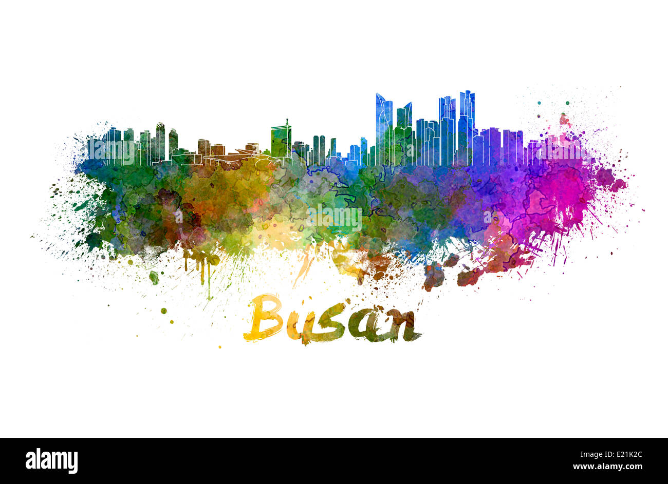 Skyline von Busan in Aquarell Stockfoto