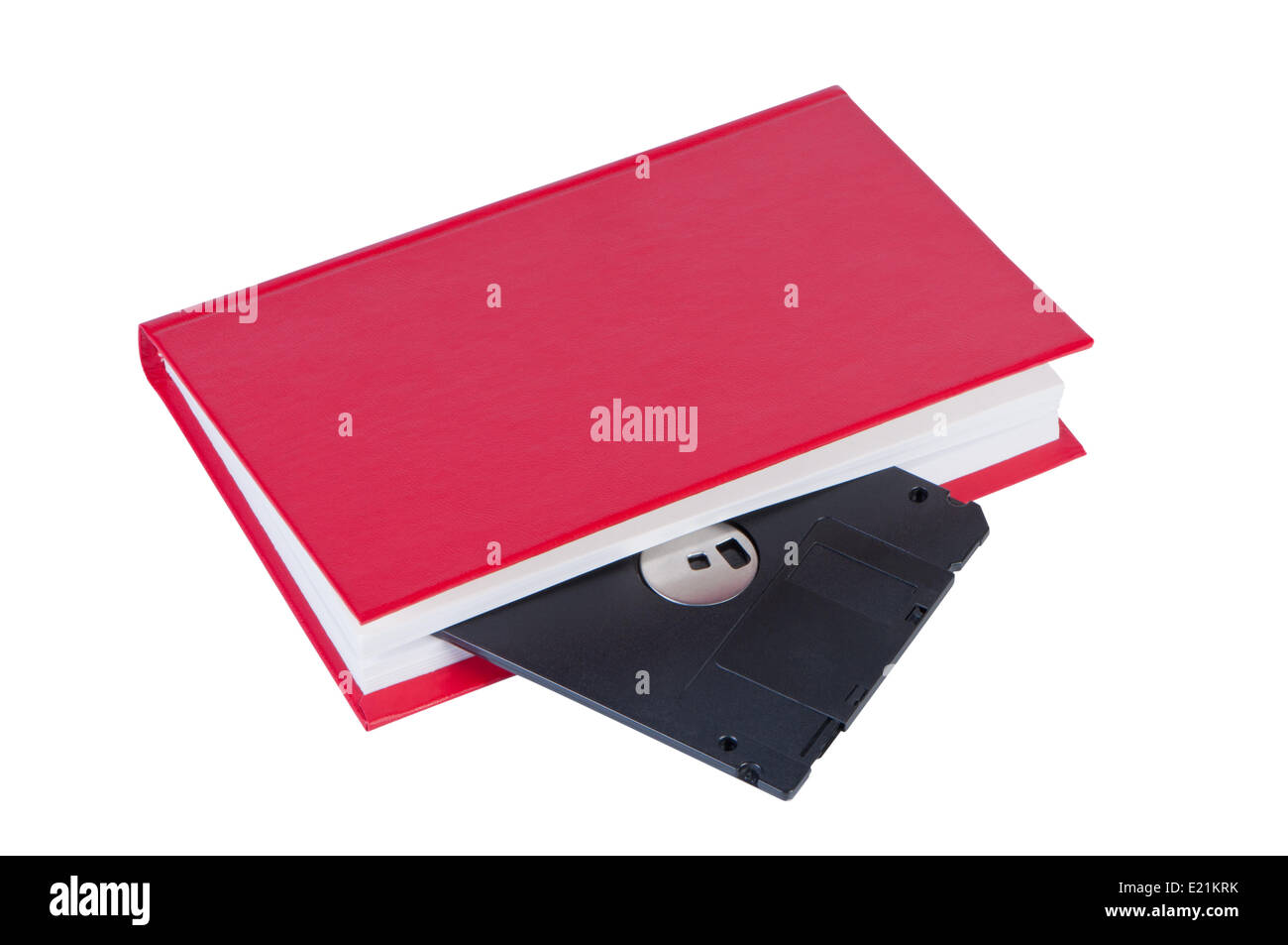 Buch-Diskette isoliert auf weißem Hintergrund. Stockfoto