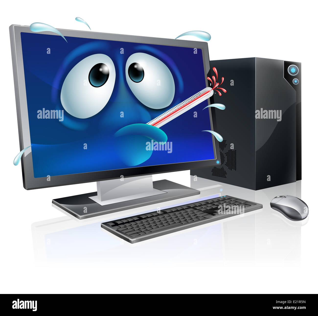 Desktop-Computer Cartoon, Karikatur von einem schlecht Computer mit einem Platzen Thermometer im Maul gebrochen. Könnte eine gebrochene comput Stockfoto