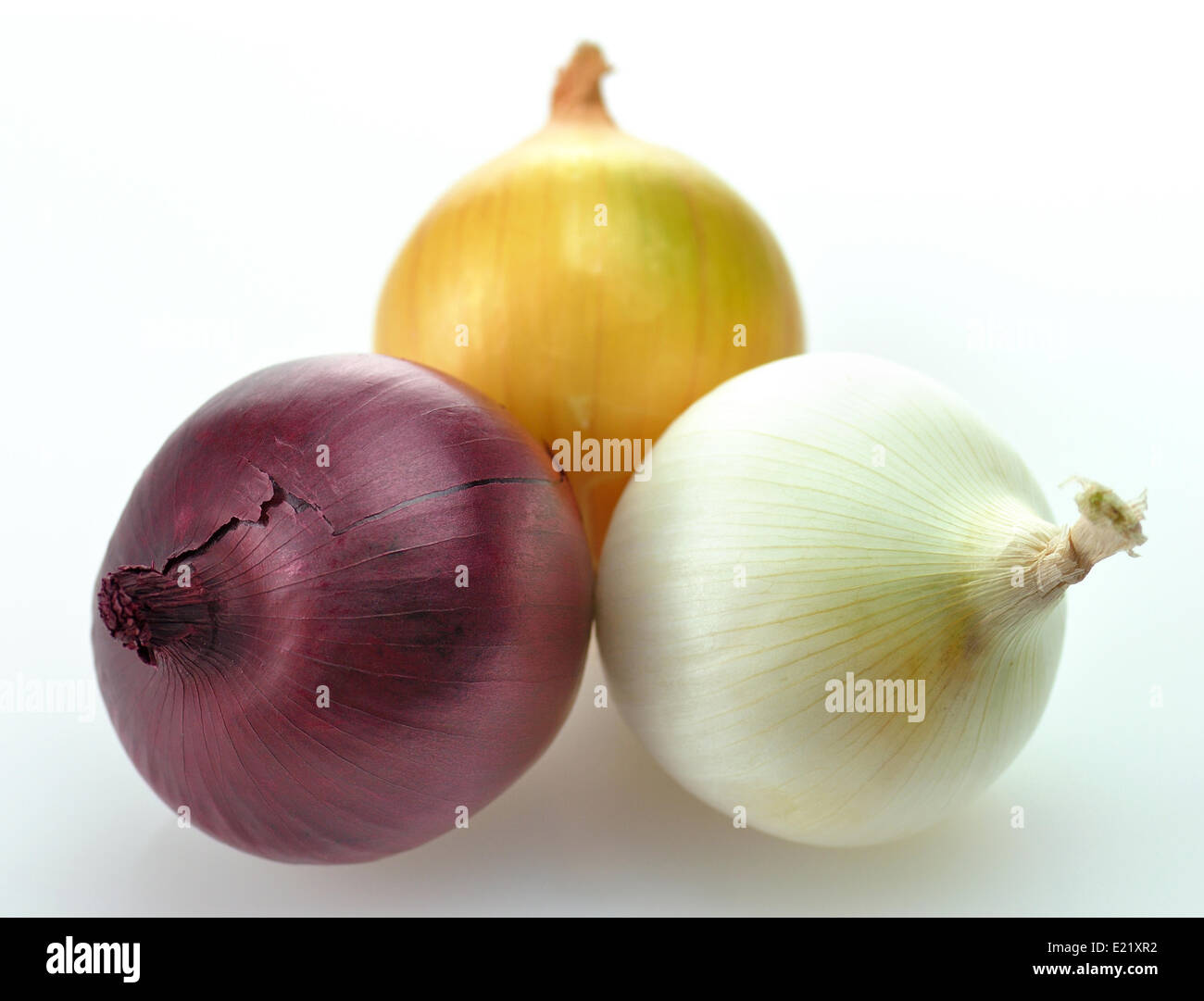 rote, gelbe und weiße Zwiebeln Stockfoto