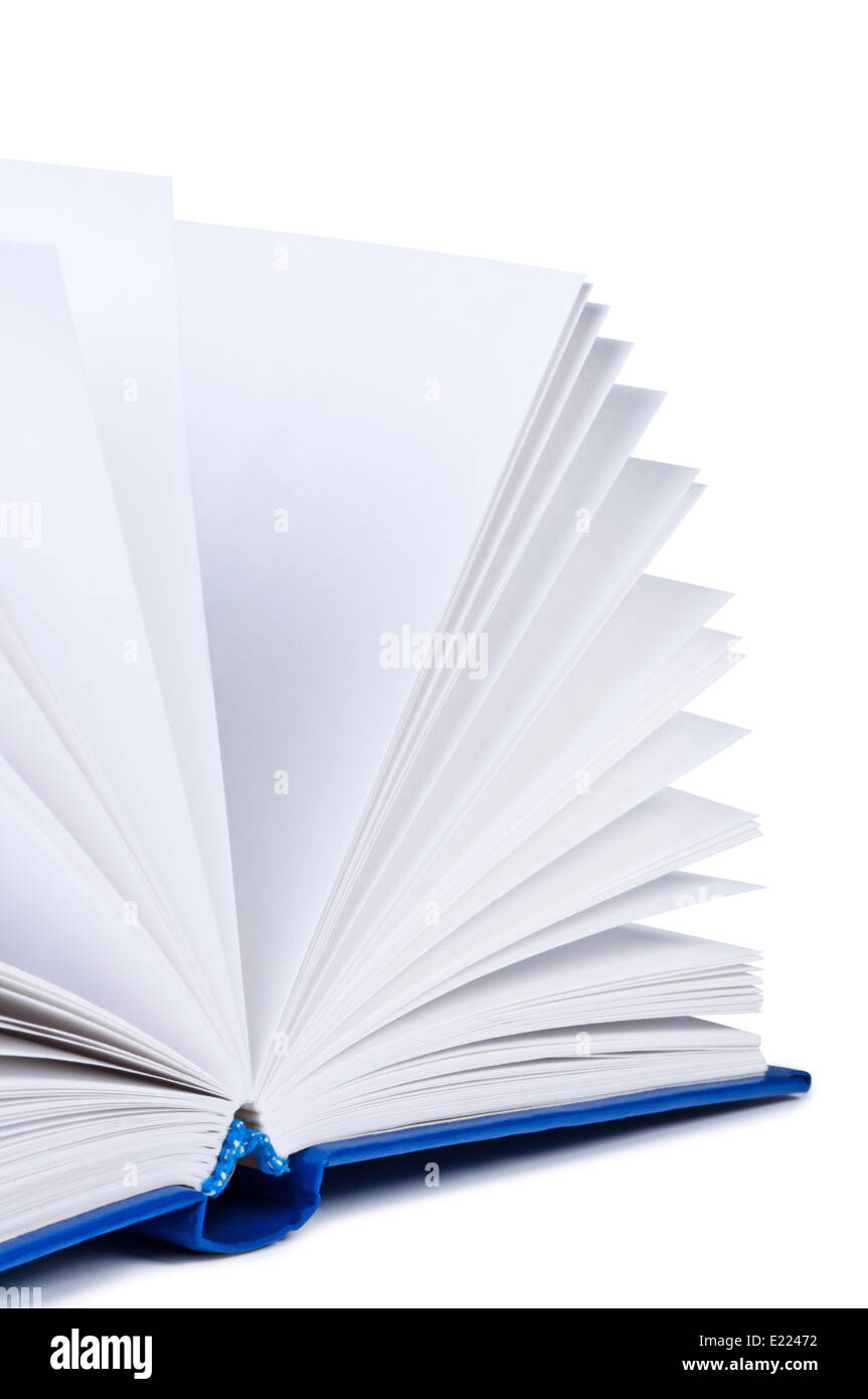 Offenes Buch auf weißem Hintergrund. Stockfoto