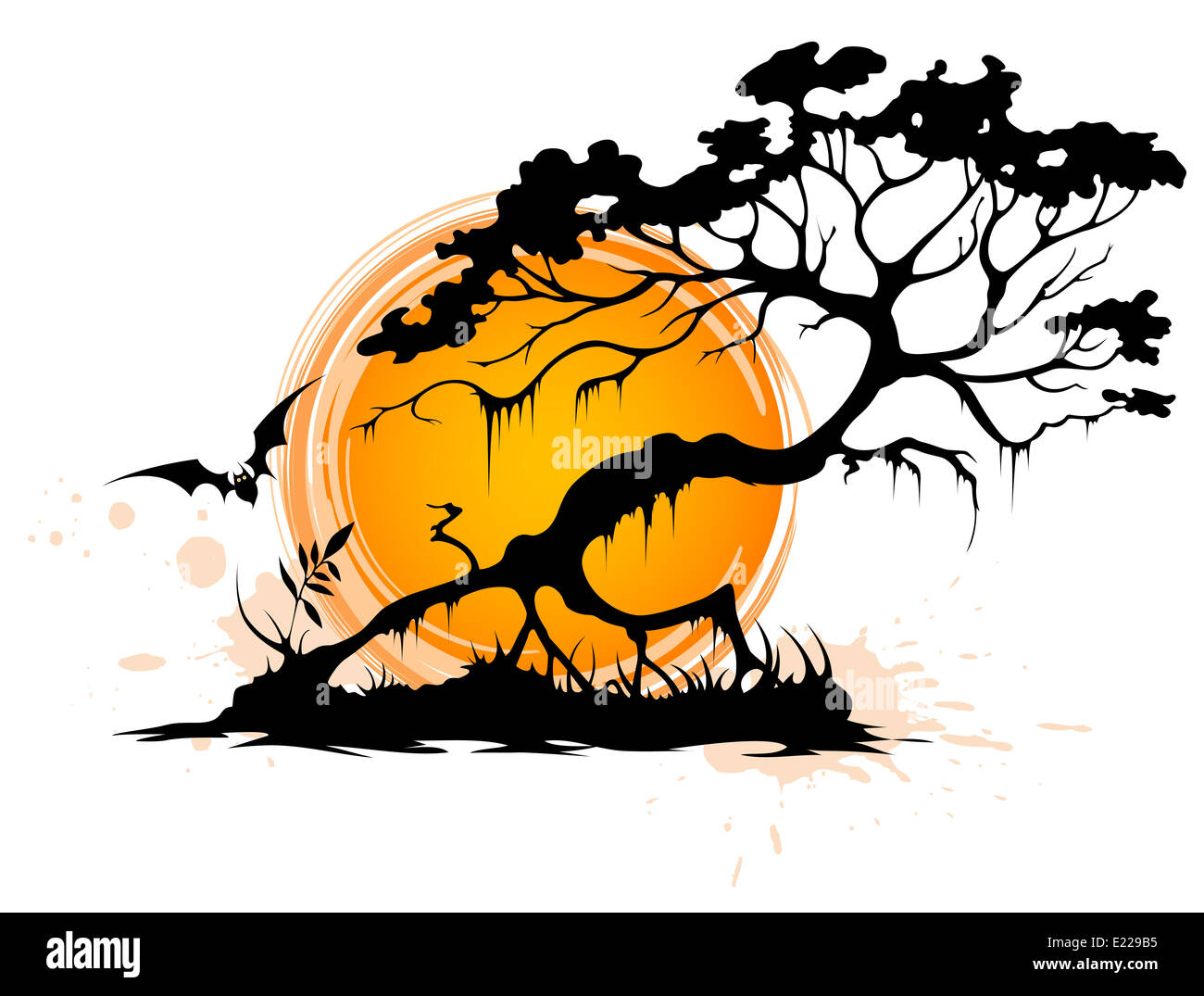 Halloween-Hintergrund mit Silhouette einer Sonne Baum und Einstellung Stockfoto