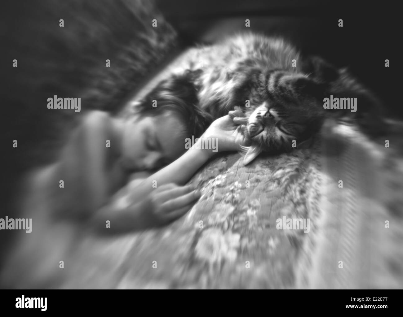 Junge und Katze schläft neben. Ursprünglicher Name: "Abend Geschichte jeden Tag" Stockfoto