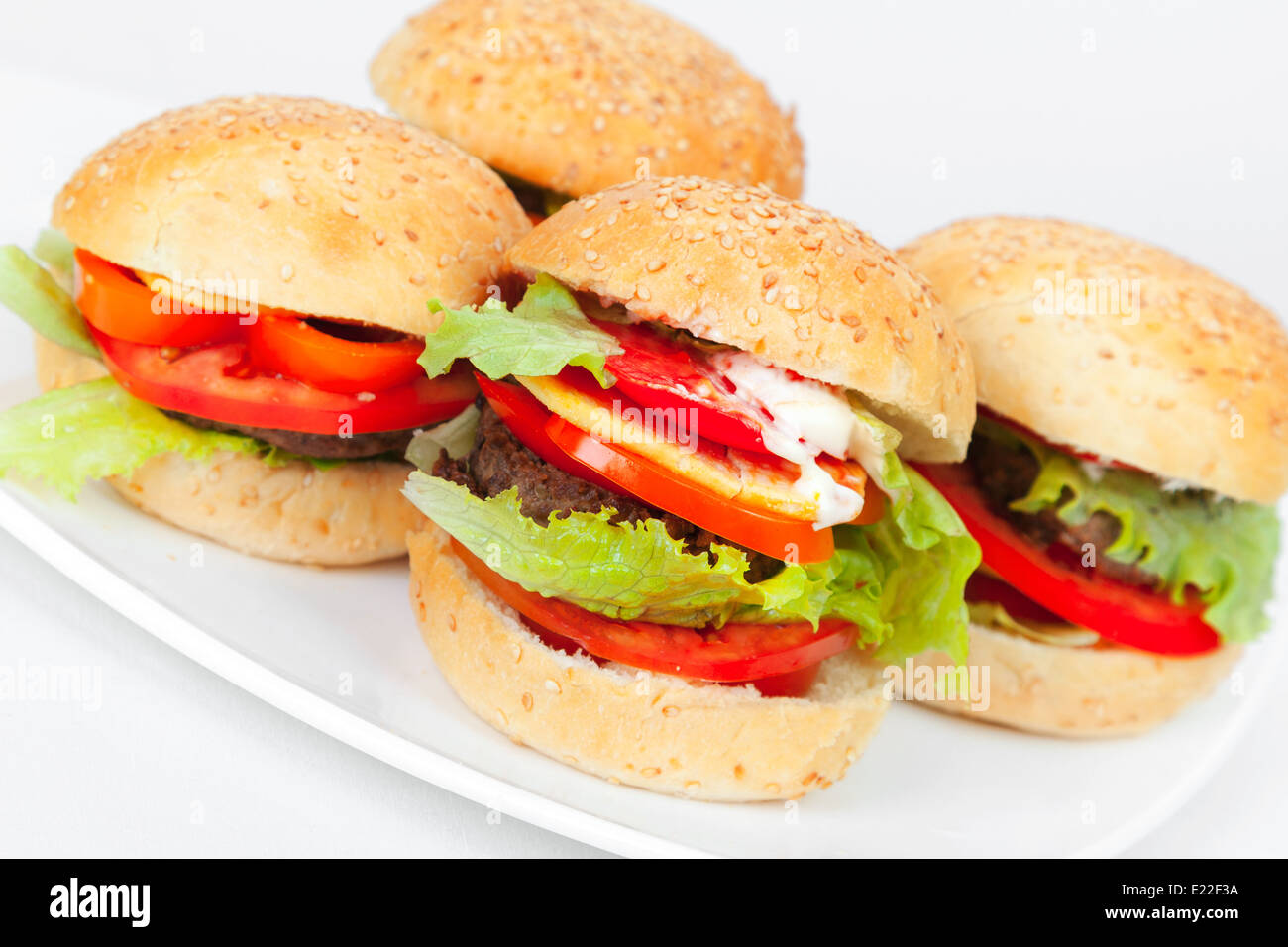 Hausgemachte Hamburger in weißen Schale legen. Closeup Studio Foto Stockfoto