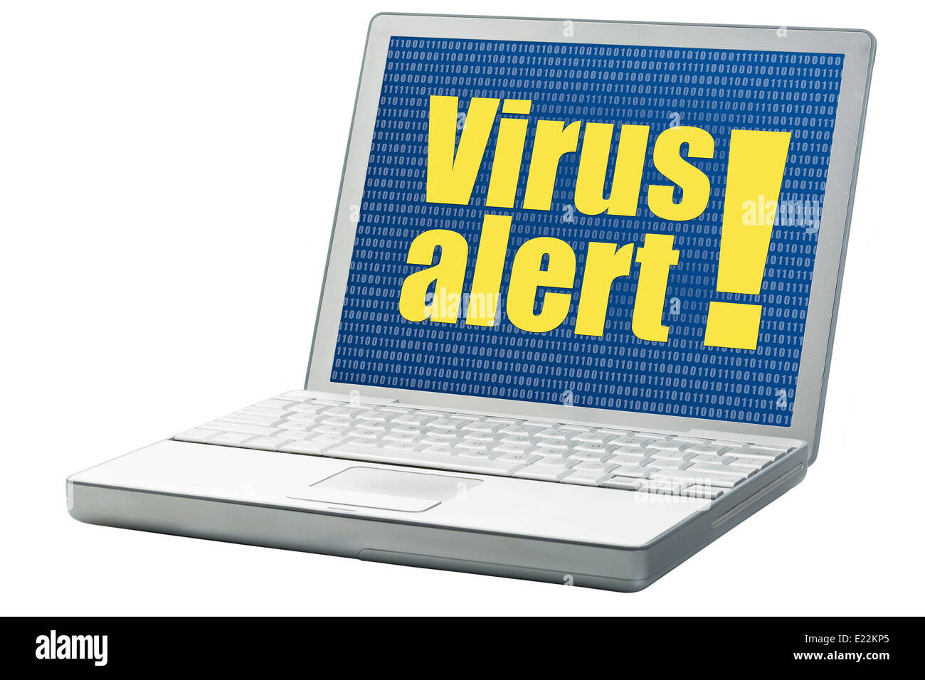 Virus-Alarm mit binären Hintergrund auf einem Laptop, isoliert auf weiss Stockfoto