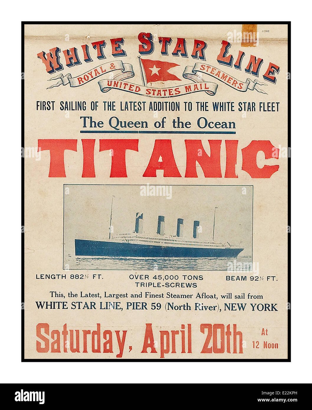 TITANIC Poster, das die erste Titanic-Fahrt von New York aus anwirbt April 20th 1912 die Titanic sank unterwegs am 15th 1912. April (restaurierte Version 2F9G601) Stockfoto