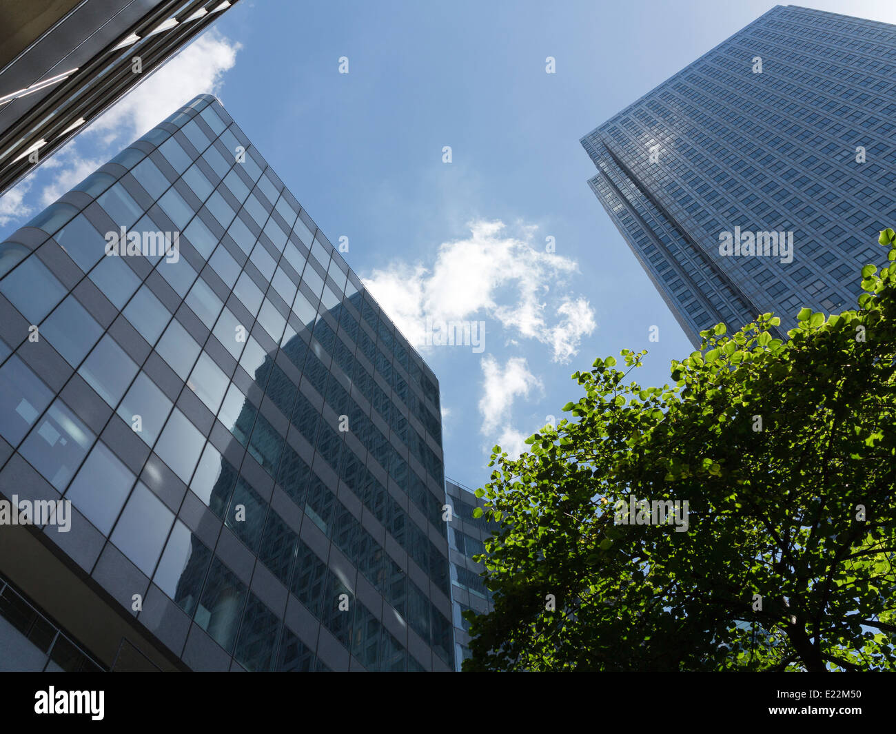 Blickte zu modernen Glas und Stahl stark reflektierende kommerzielle Wolkenkratzer gegen ein strahlend blauer Himmel mit Wolken Licht wight Stockfoto