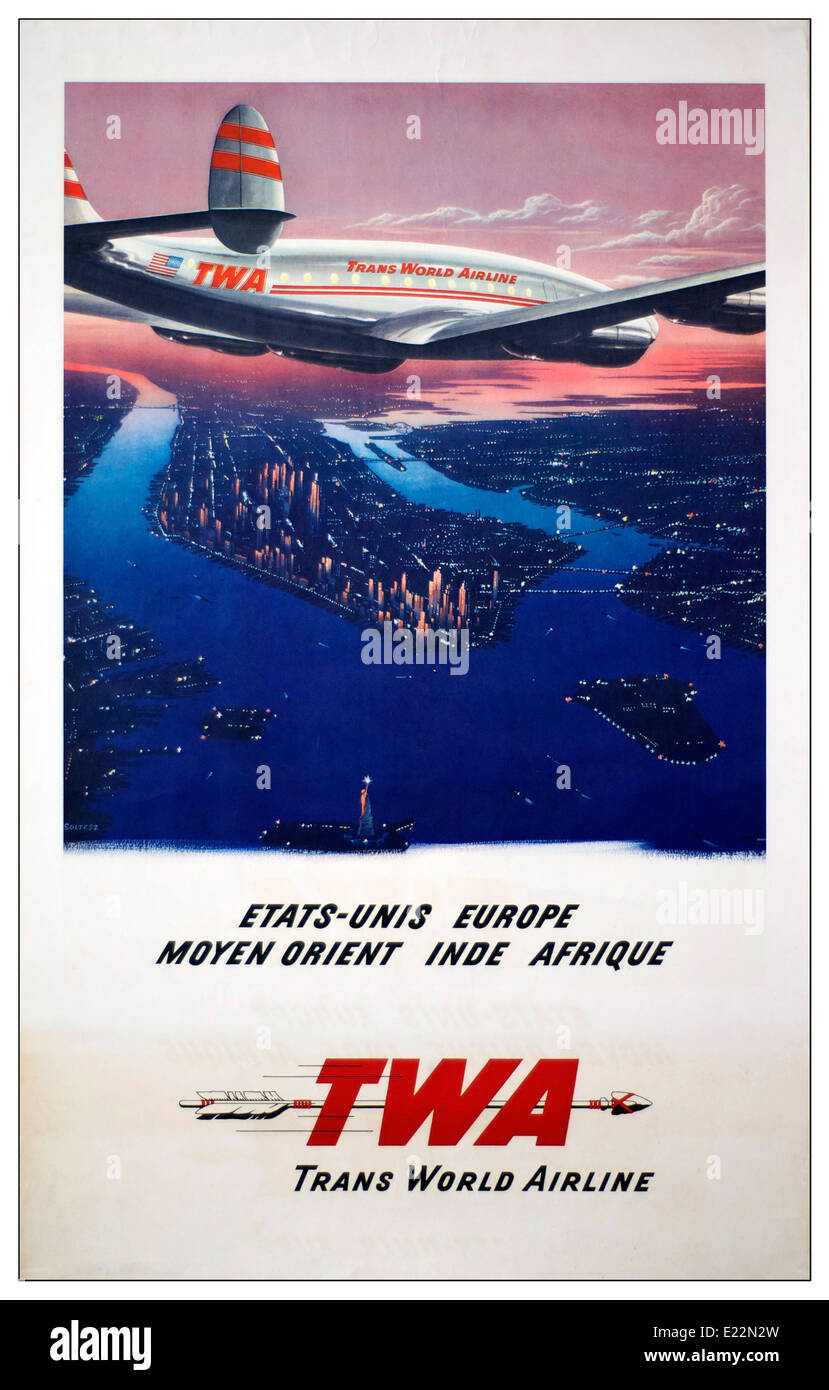 Vintage Poster für TWA Constellation Flugzeug Werbung Flüge in USA-Europa-Naher Osten-Indien und Afrika Stockfoto