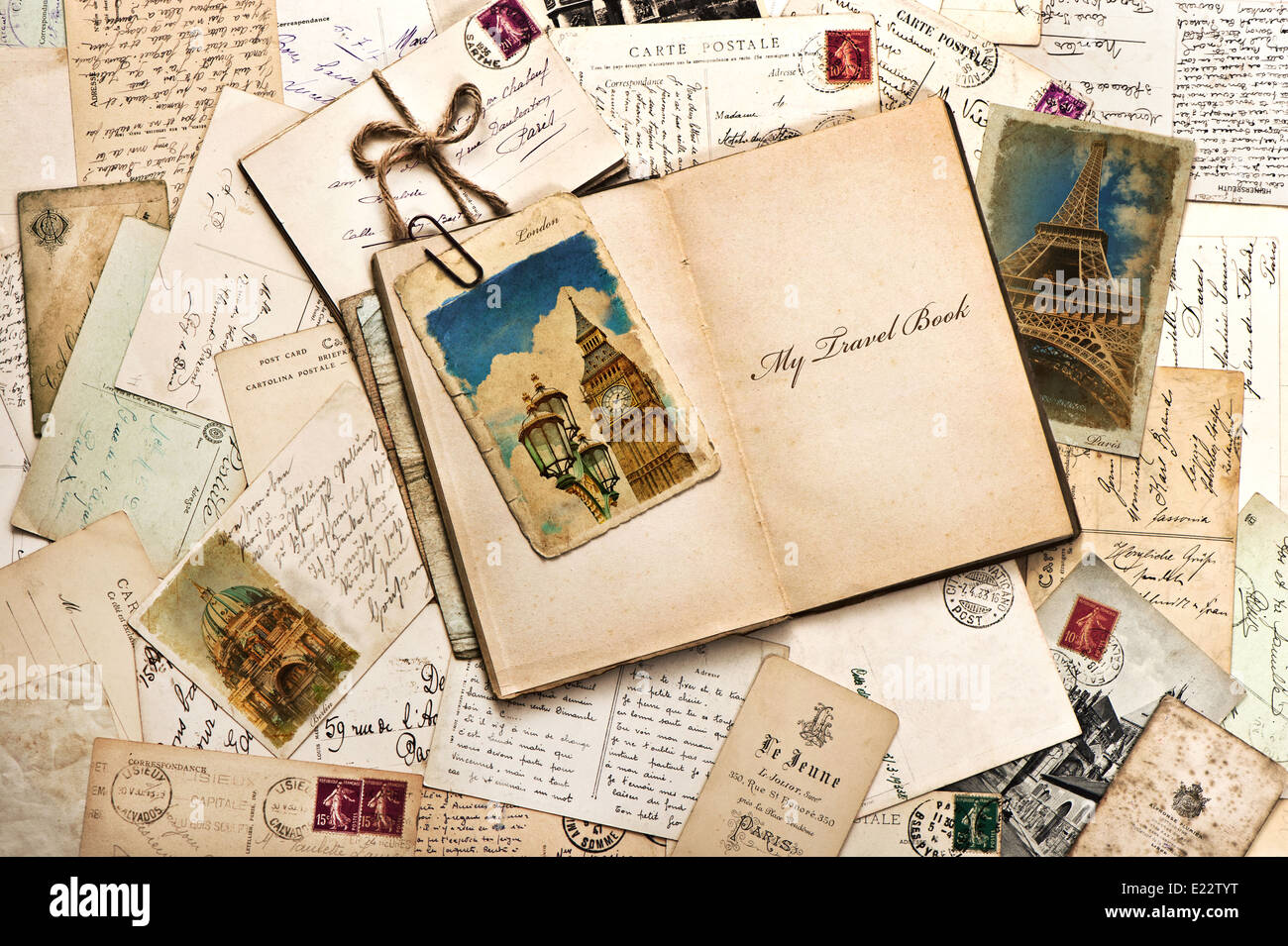 alte Postkarten, Briefe, Mails und offene Erfassung mit Beispieltext My Travel Book. Vintage-Stil reisen Hintergrund Stockfoto alte Postkarten, Briefe, Mails und offene Erfassung mit Beispieltext My Travel Book. Vintage-Stil reisen Hintergrund Stockfoto