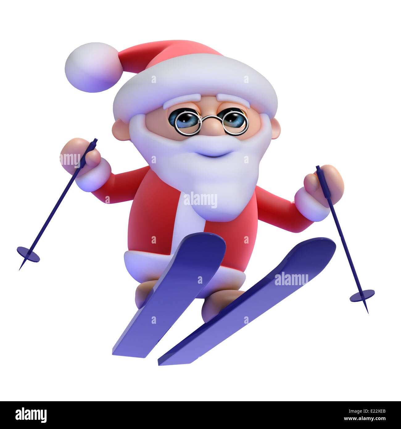 3D Weihnachtsmann fliegt durch die Luft auf seinen Skiern Stockfoto