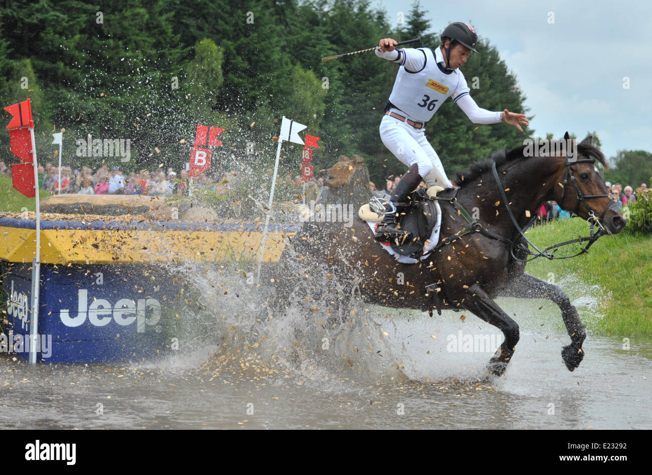 Luhmuehlen, Deutschland. 14. Juni 2014. Australische Vielseitigkeits-Reiter Christopher Burton soll von seinem Pferd Tempranillo während der Langlauf-Event in Luhmuehlen, Deutschland, 14. Juni 2014 fallen. Foto: PHILIPP SCHULZE/DPA/Alamy Live-Nachrichten Stockfoto