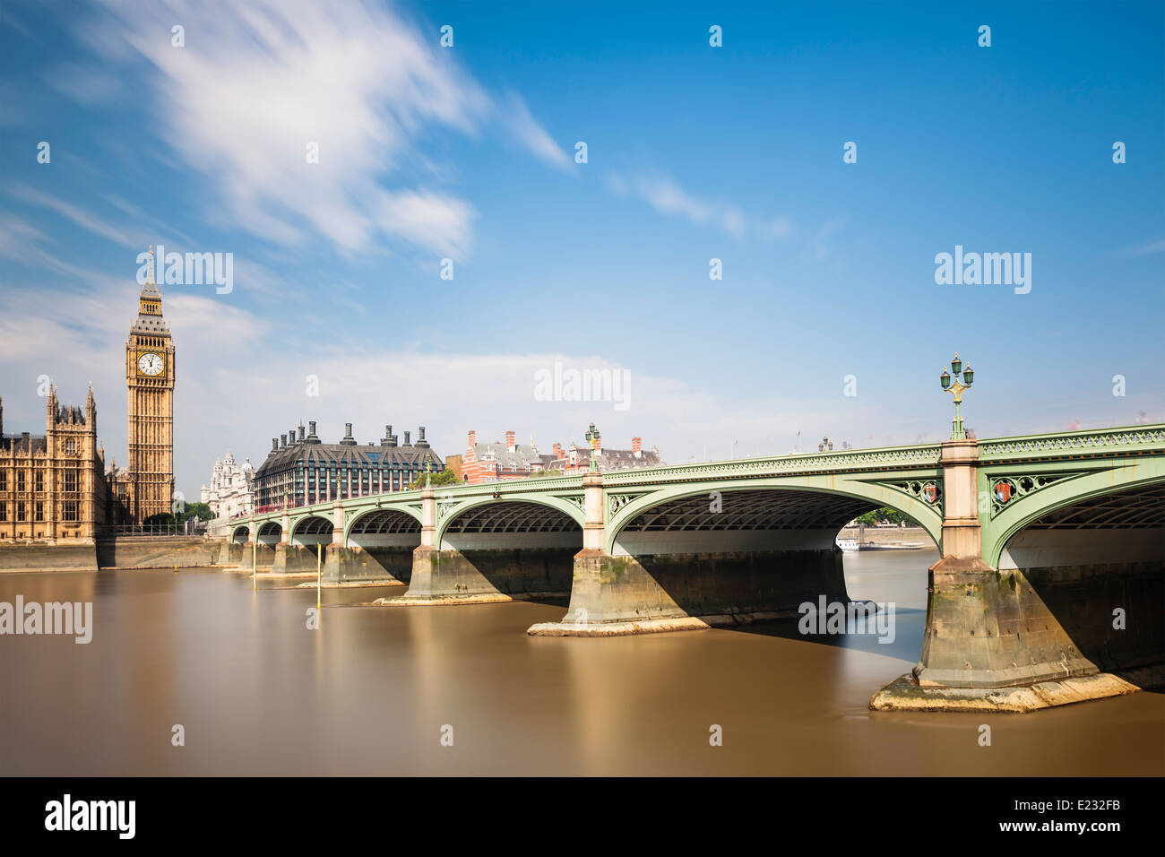 Langzeitbelichtung Panorama von den Houses of Parliament in London mit blauen Himmel und die Westminster Bridge auf der rechten Seite. Stockfoto