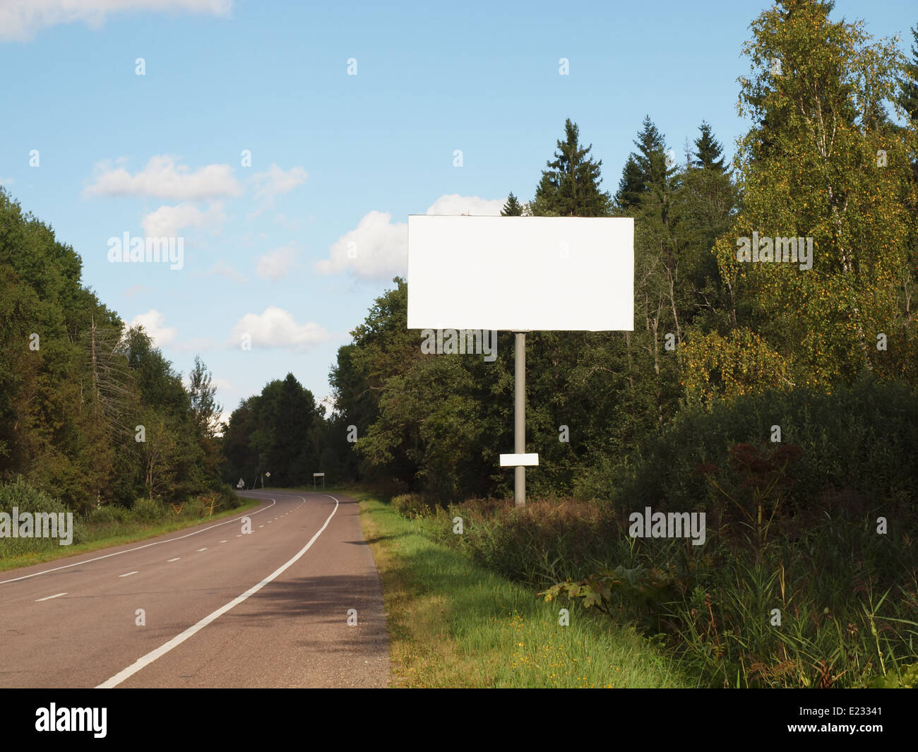 Leere Billboard auf leerer Straße vorbei durch den Wald. Stockfoto