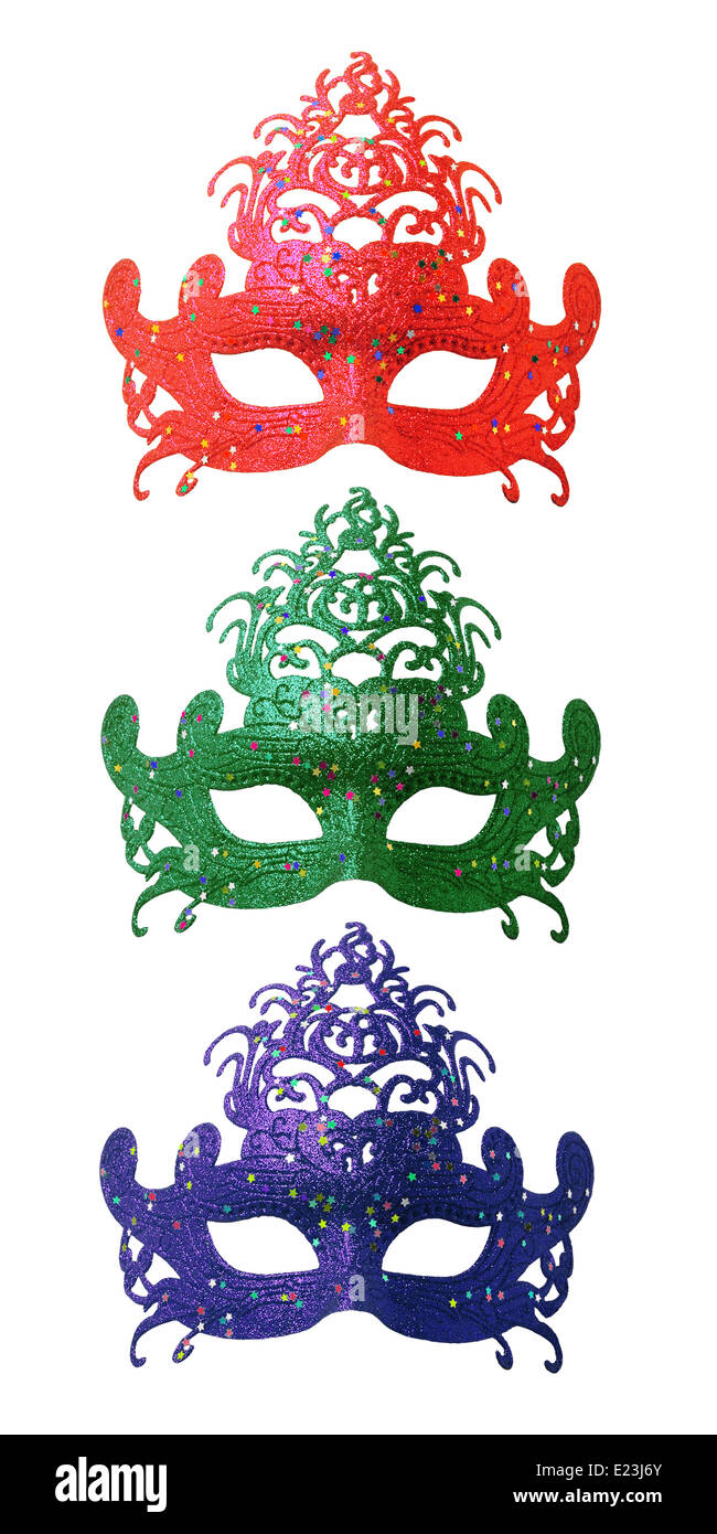 Sammlung von bunten Karnevalsmasken auf weißem Hintergrund Stockfoto