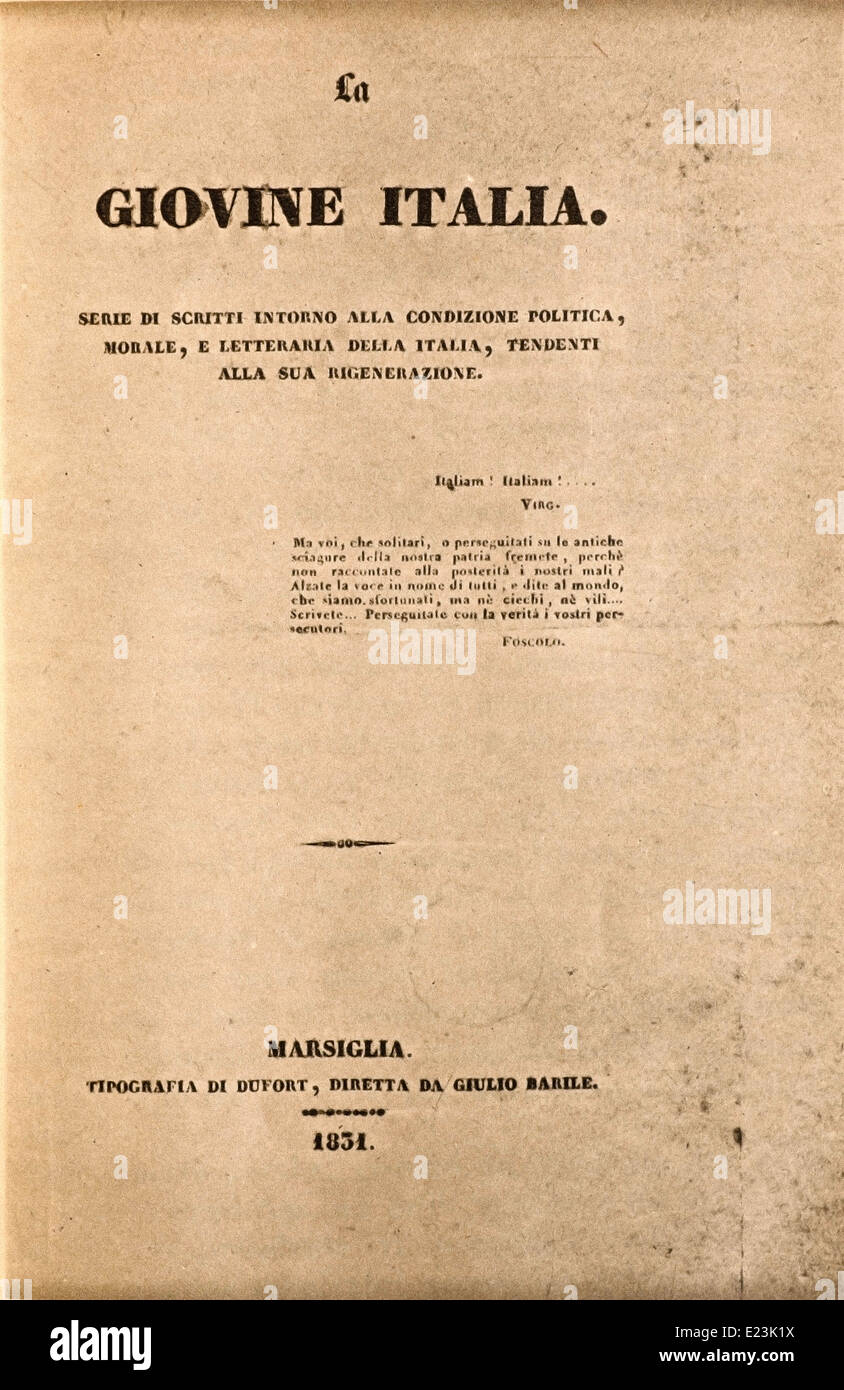 Titelseite des Manifests von junges Italien in Marseille veröffentlicht im Jahre 1838 von Mazzini Stockfoto