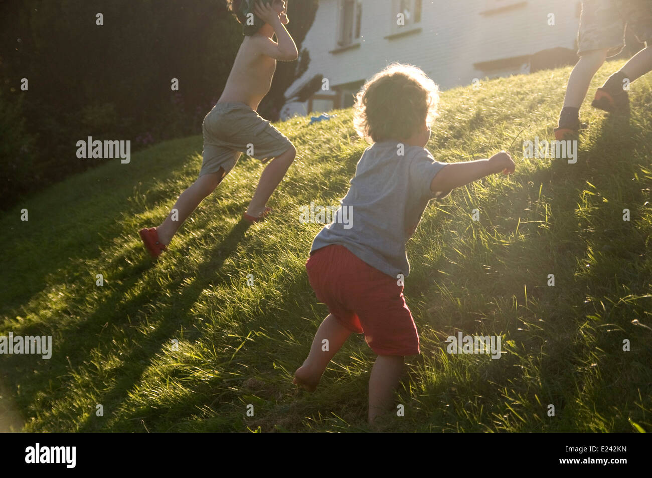 Spielende Kinder laufen auf einem Hügel an einem Sommerabend. Stockfoto