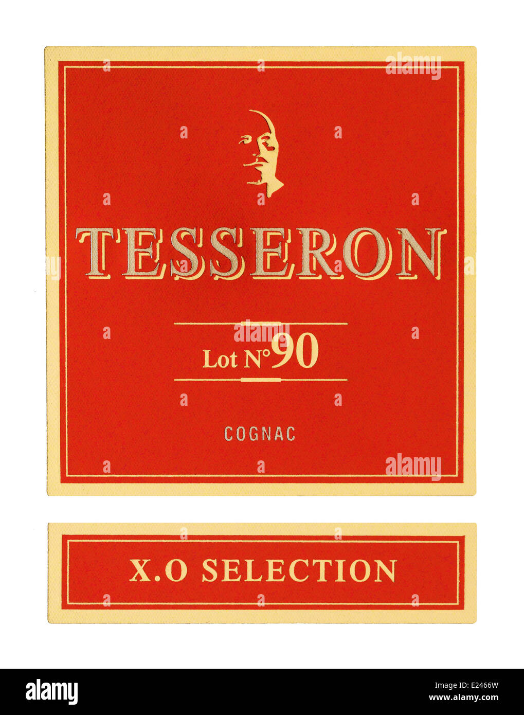 Cognac Tesseron, viel 90 X.O Auswahl Flaschenetikett Stockfoto