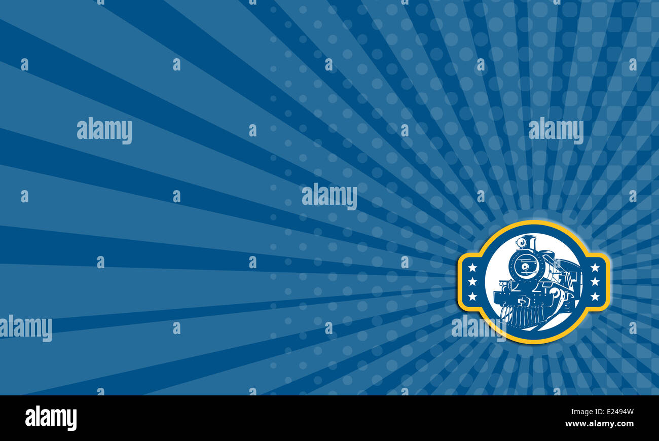 Visitenkarte zeigt Abbildung von einem Dampfzug Lok betrachtet von vorne im inneren Kreis getan im retro-Stil auf weißem Hintergrund isoliert. Stockfoto