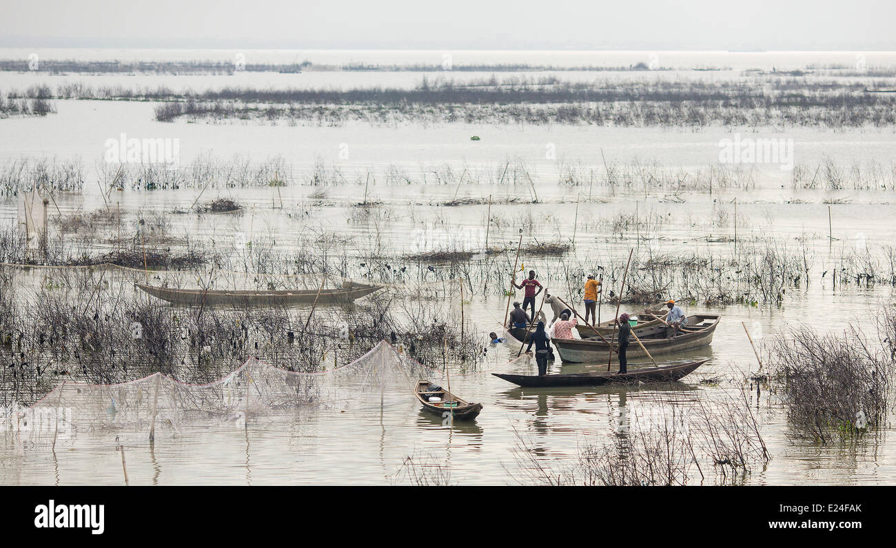 Lagos, Nigeria. 11. Juni 2014. Männer-Fischen in der Lagune von Lagos, Nigeria, 11. Juni 2014. Nigeria ist mit rund 174 Millionen Einwohnern das bevölkerungsreichste Land Afrikas. Die Wirtschaft im Jahr 2014 wurde zum größten in Afrika, mehr als 500 Milliarden Dollar Wert. Foto: Hannibal/Dpa/Alamy Live News Stockfoto