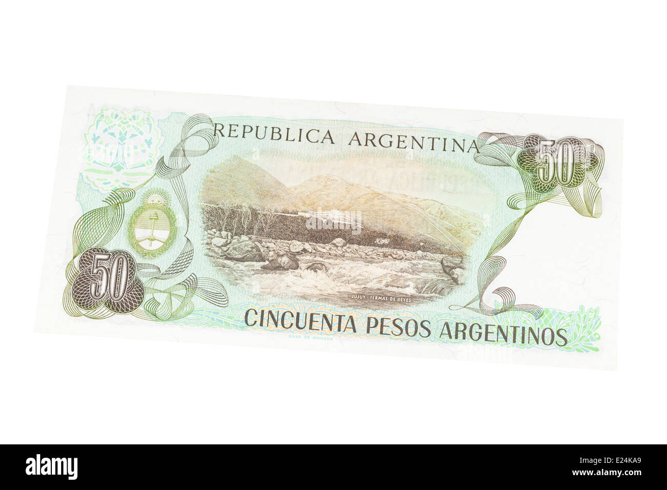 Argentinische 50-Peso-Banknote auf weißem Hintergrund Stockfoto