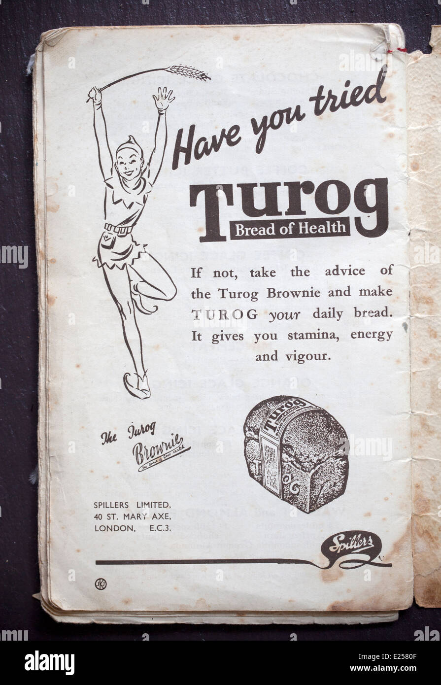 Werbung für Turog Brot aus einem alten Rezeptbuch Stockfoto