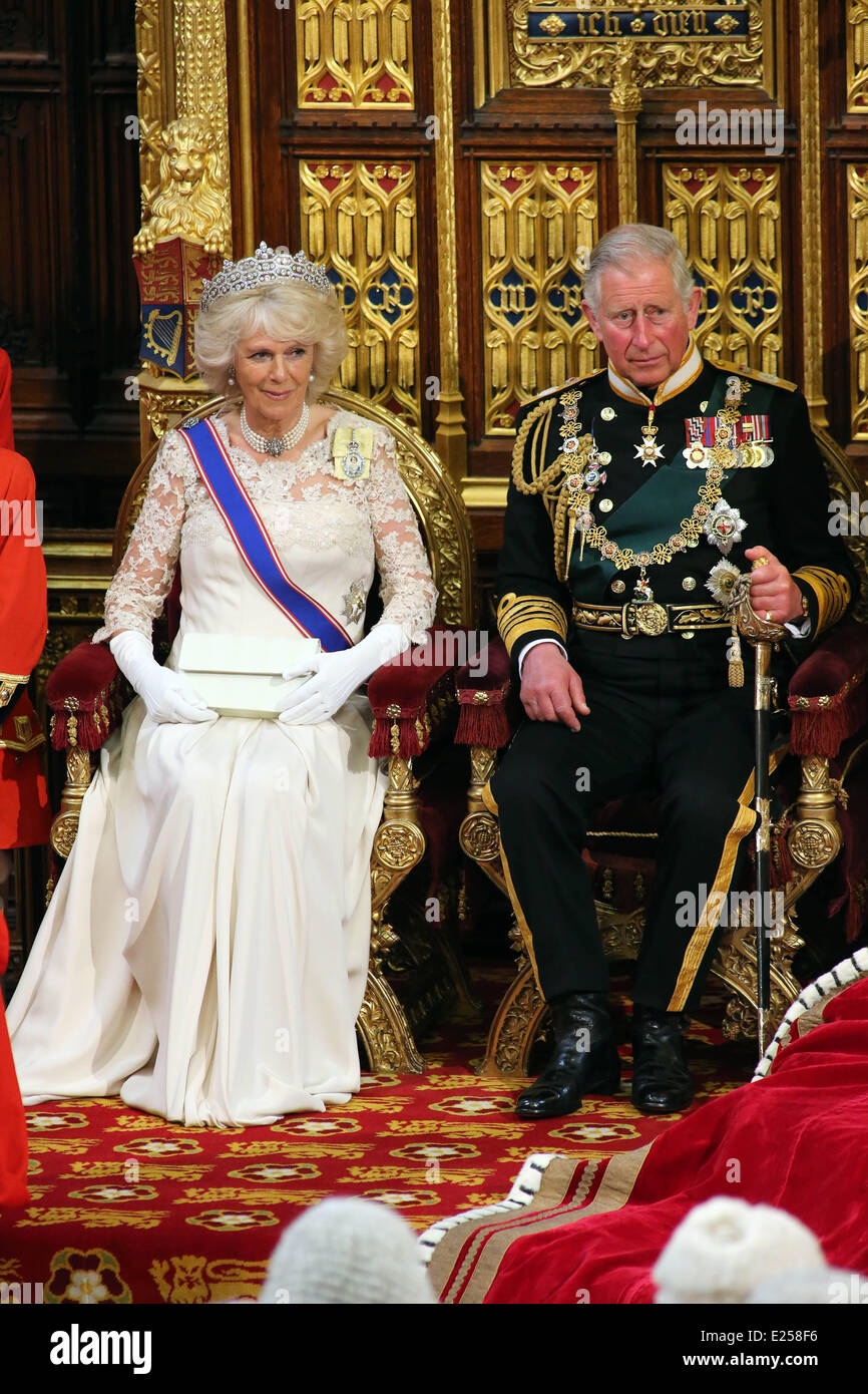 Königin Elizabeth II. nimmt an der jährlichen Zustand des Parlament Eröffnungsfeier am Palace of Westminster. Die Königin war begleitet von Prinz Philip, Duke of Edinburgh und zum ersten Mal Charles, Prince Of Wales und Camilla, Herzogin von Cornwall wo: London, Royaume Uni wenn: 8. Mai 2013 Stockfoto