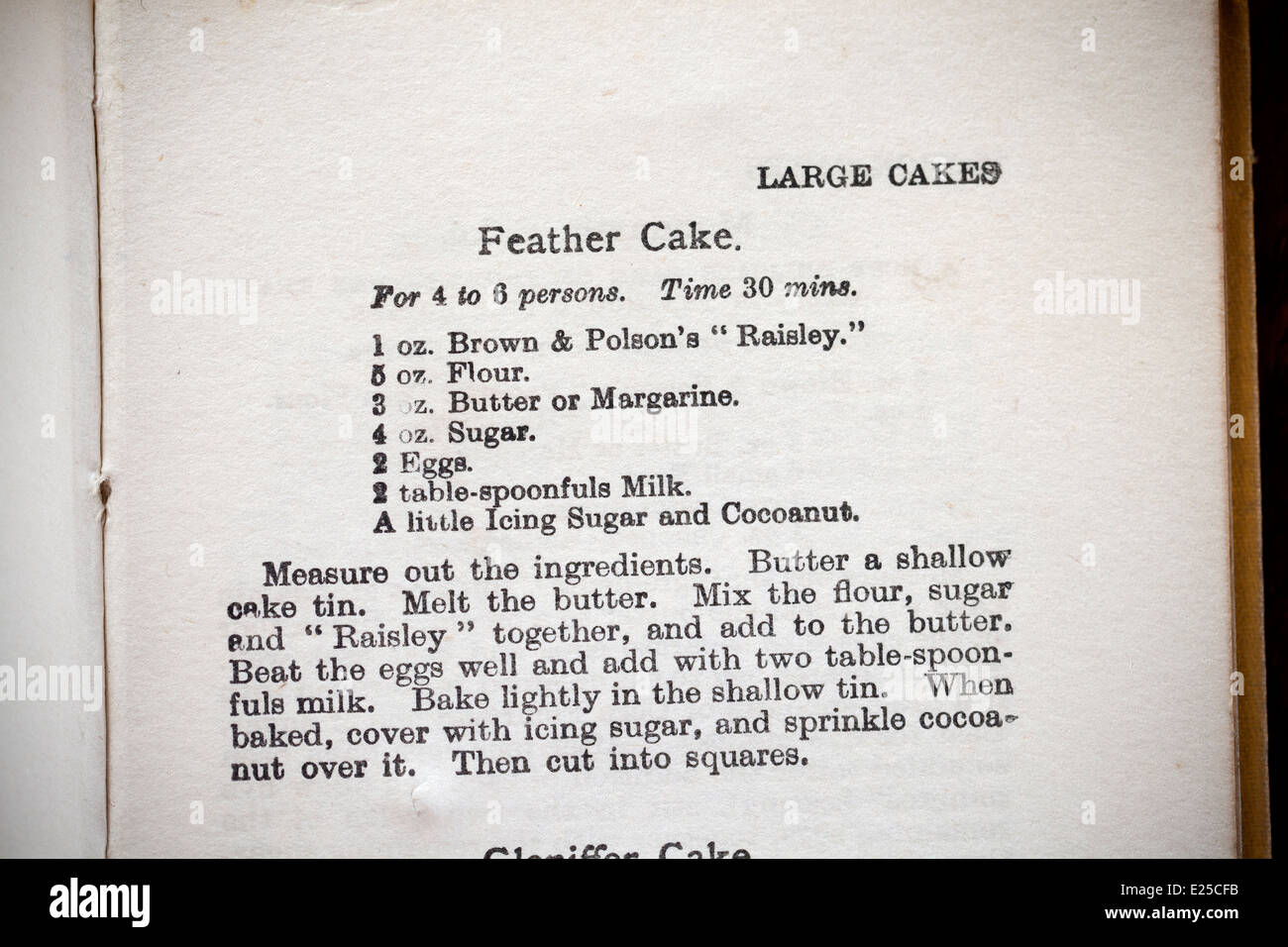 Rezept aus Vintage Kochbuch für "Feather-Kuchen" Stockfoto
