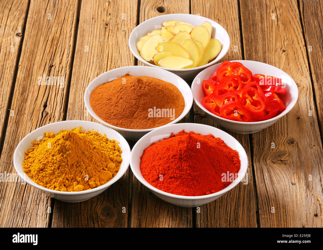 Schalen mit Currypulver, Paprikapulver, gemahlener Zimt, in Scheiben geschnitten, Ingwer und Paprika Stockfoto