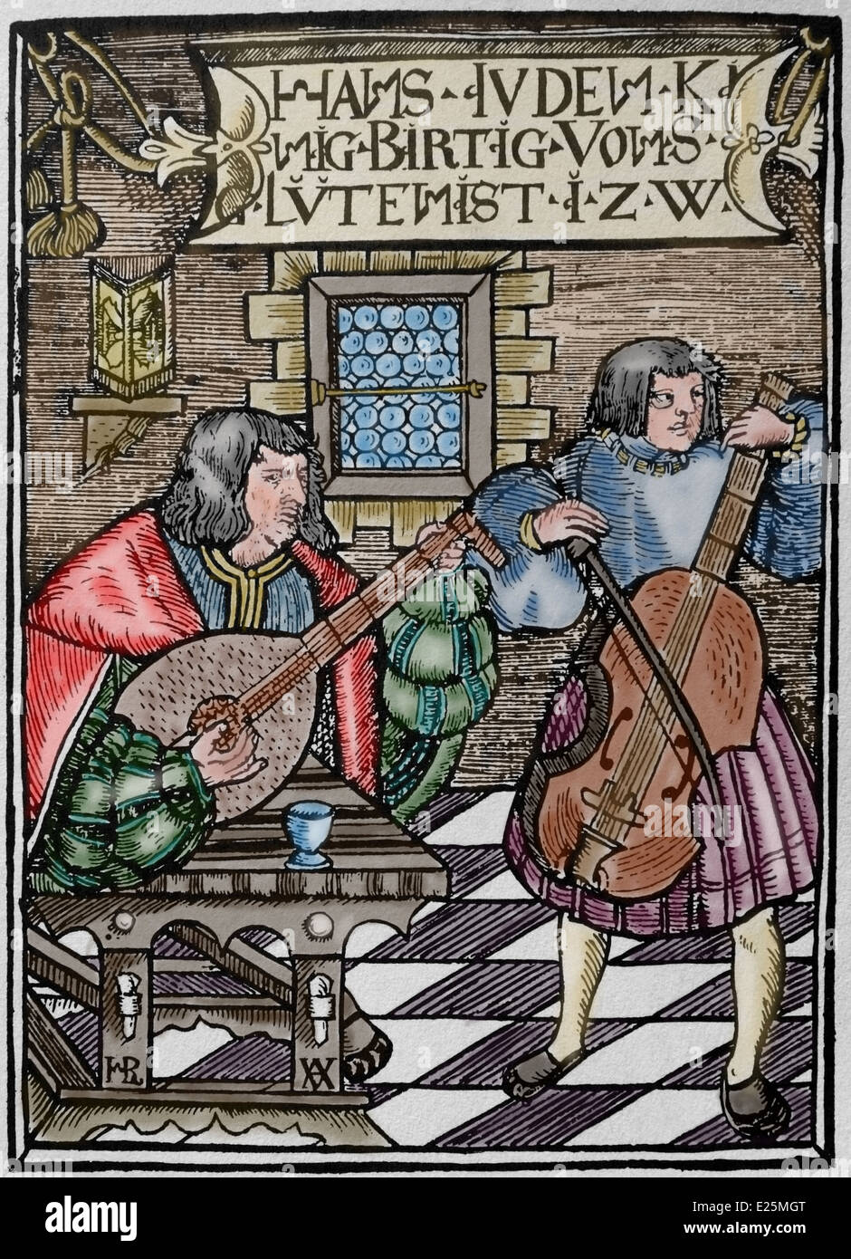 Renaissance. 16. Jahrhundert. Musiker spielen laute und Cello. Konzert. Gravur. Farbe. Stockfoto