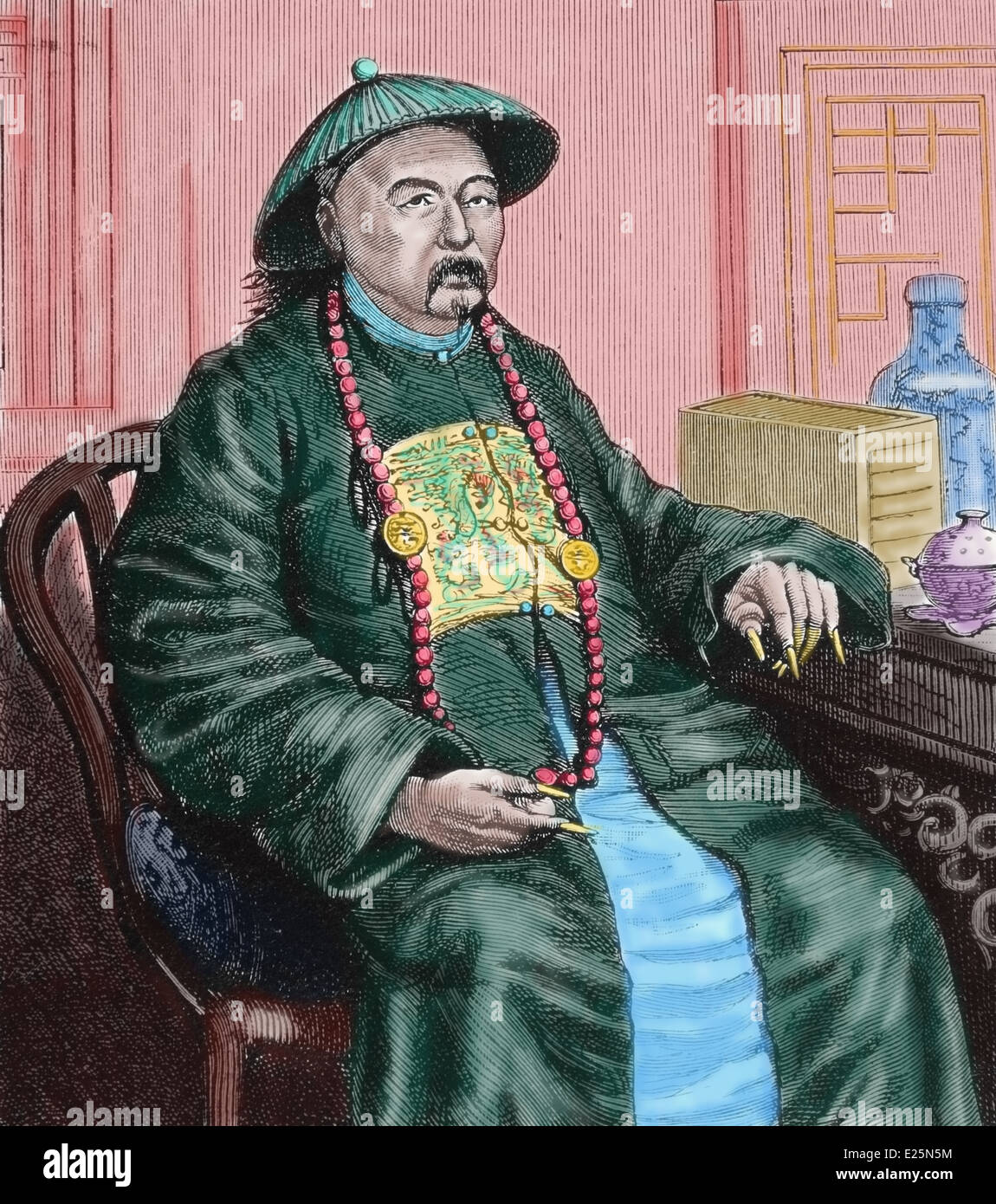 Asien. China. Gouverneur einer Provinz, 1900. Gravur. Spätere Färbung. Stockfoto