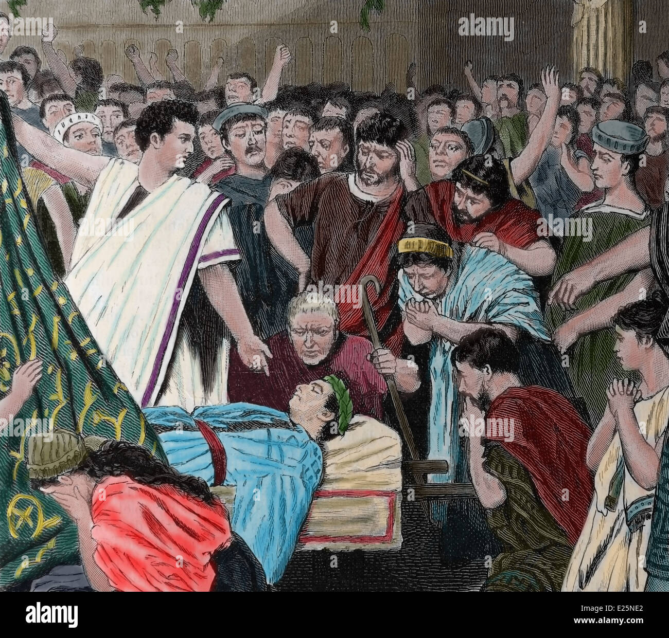 Ermordung von Julius Caesar. Mark Antony zeigt die Leiche von Julius Caesar, den Bürgerinnen und Bürgern der Bürgerinnen und Bürger. Rom. Farbe. Stockfoto