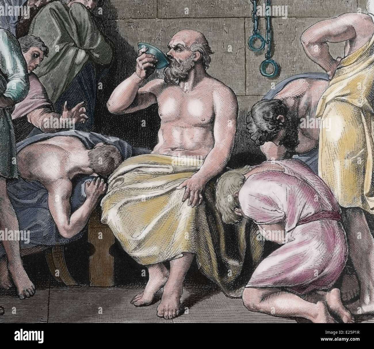 Tod des Sokrates (469-399 v. Chr.) durch das Trinken von Poison. Klassischer griechischer Philosoph. Gravur, Farbe. Stockfoto