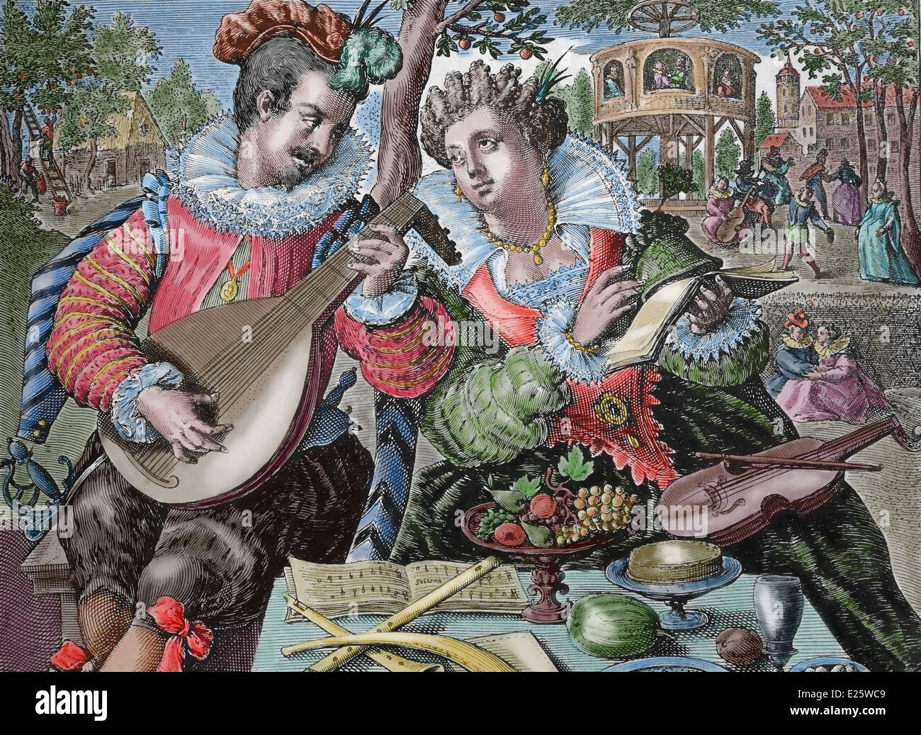 Europa. Renaissance. Musiken. Lautenspieler und Geiger. 16. Jahrhundert. Gravur. Spätere Färbung. Stockfoto