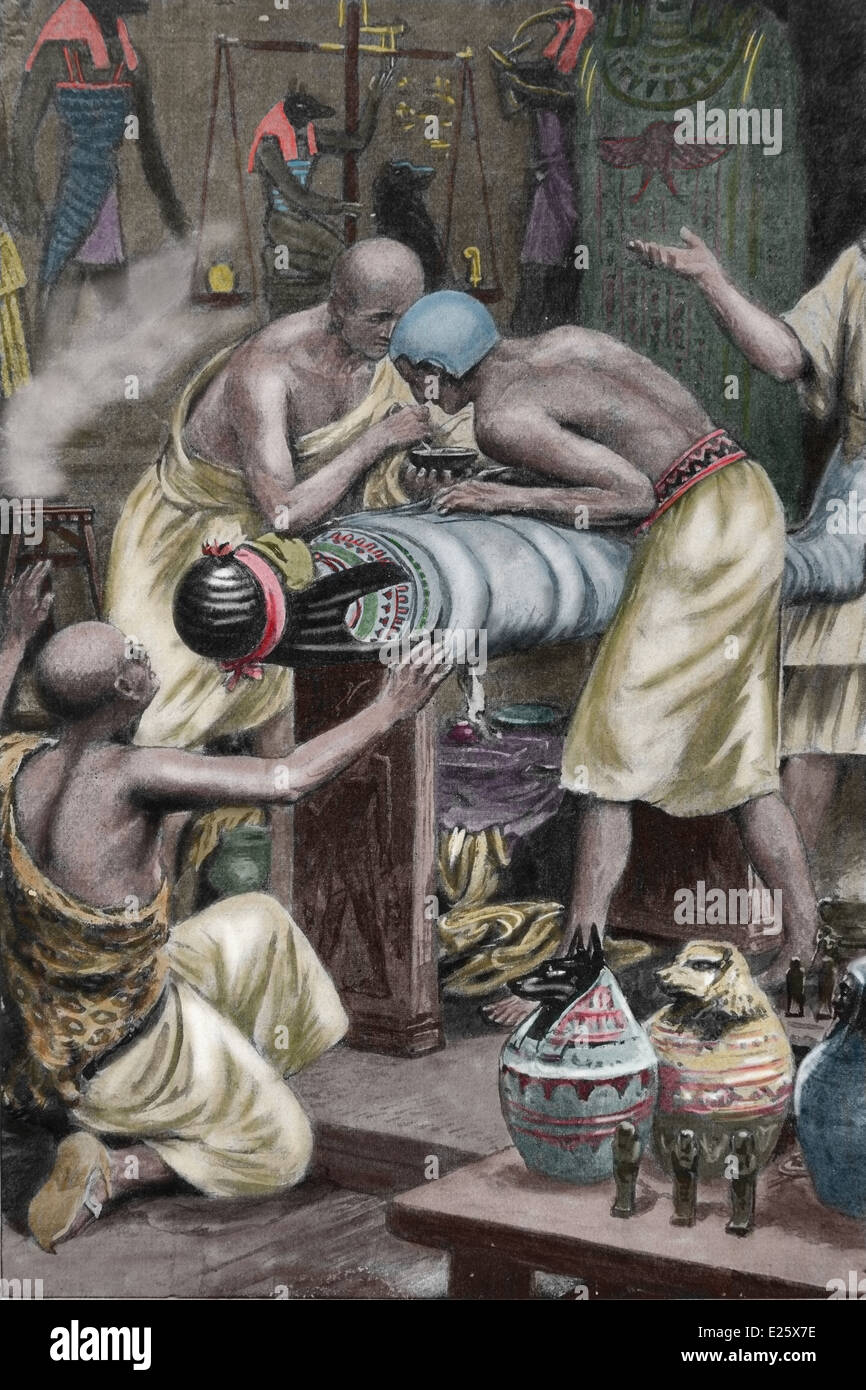 Embalsaming. Alten Ägypten. Gravur. des 19. Jahrhunderts. Spätere Färbung. Stockfoto